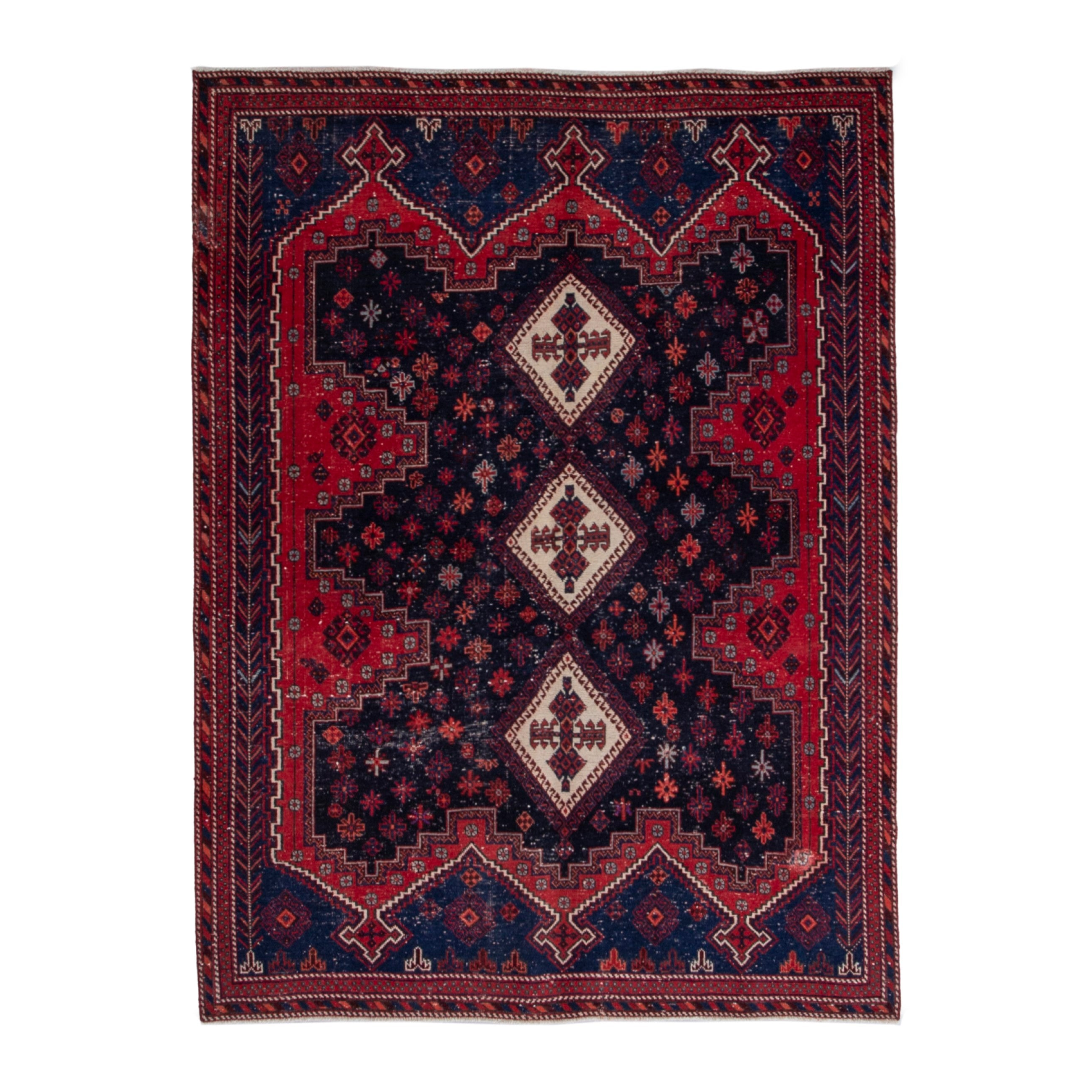 Persian Sirjan area rug in navy and deep red, 5' x 6'8"