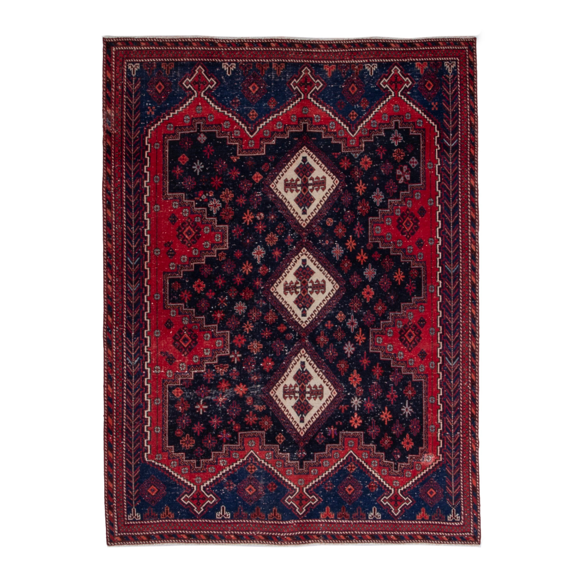 Persian Sirjan area rug in navy and deep red, 5' x 6'8"