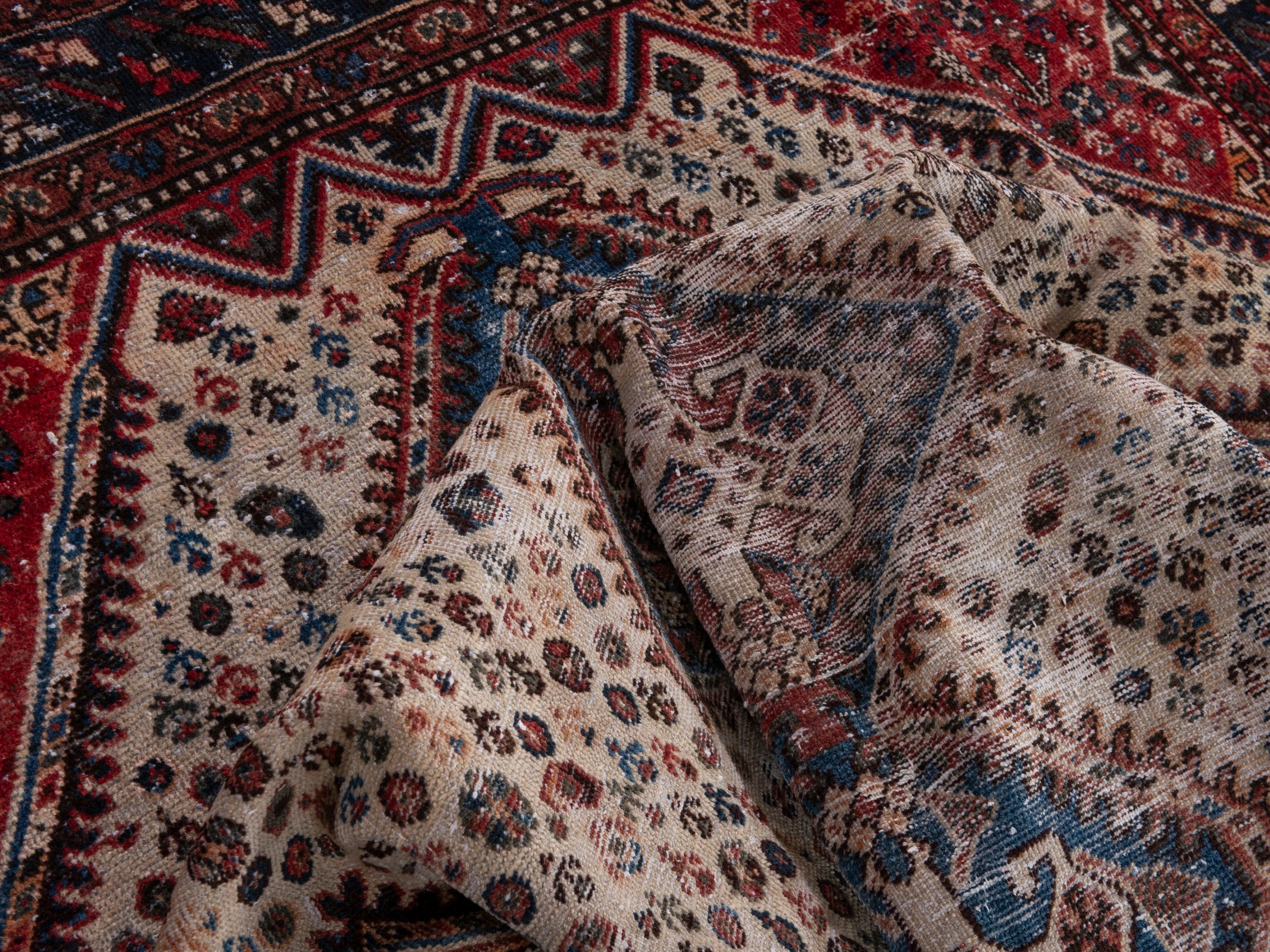 Persian Shiraz area rug in cream and burgundy, view 17 of 22