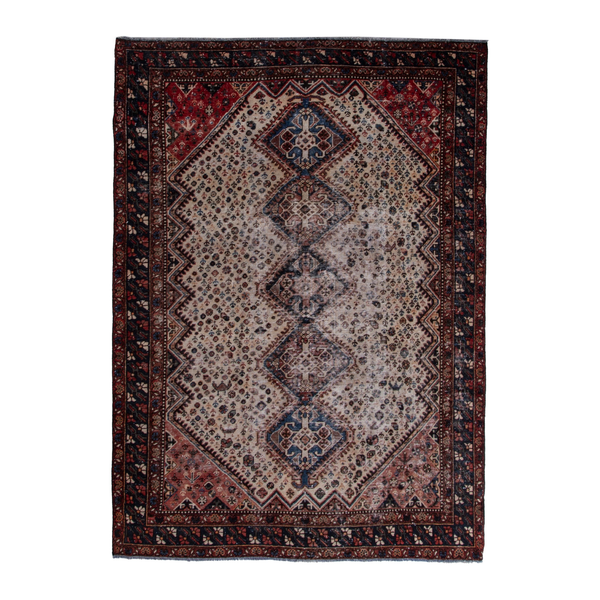 Persian Shiraz area rug in cream and burgundy, 6'11" x 9'9"