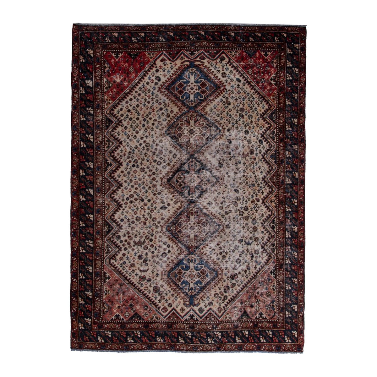 Persian Shiraz area rug in cream and burgundy, 6'11" x 9'9"