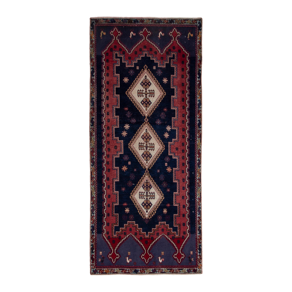 Persian Sirjan runner rug in navy and brick, 3'9" x 8'1"
