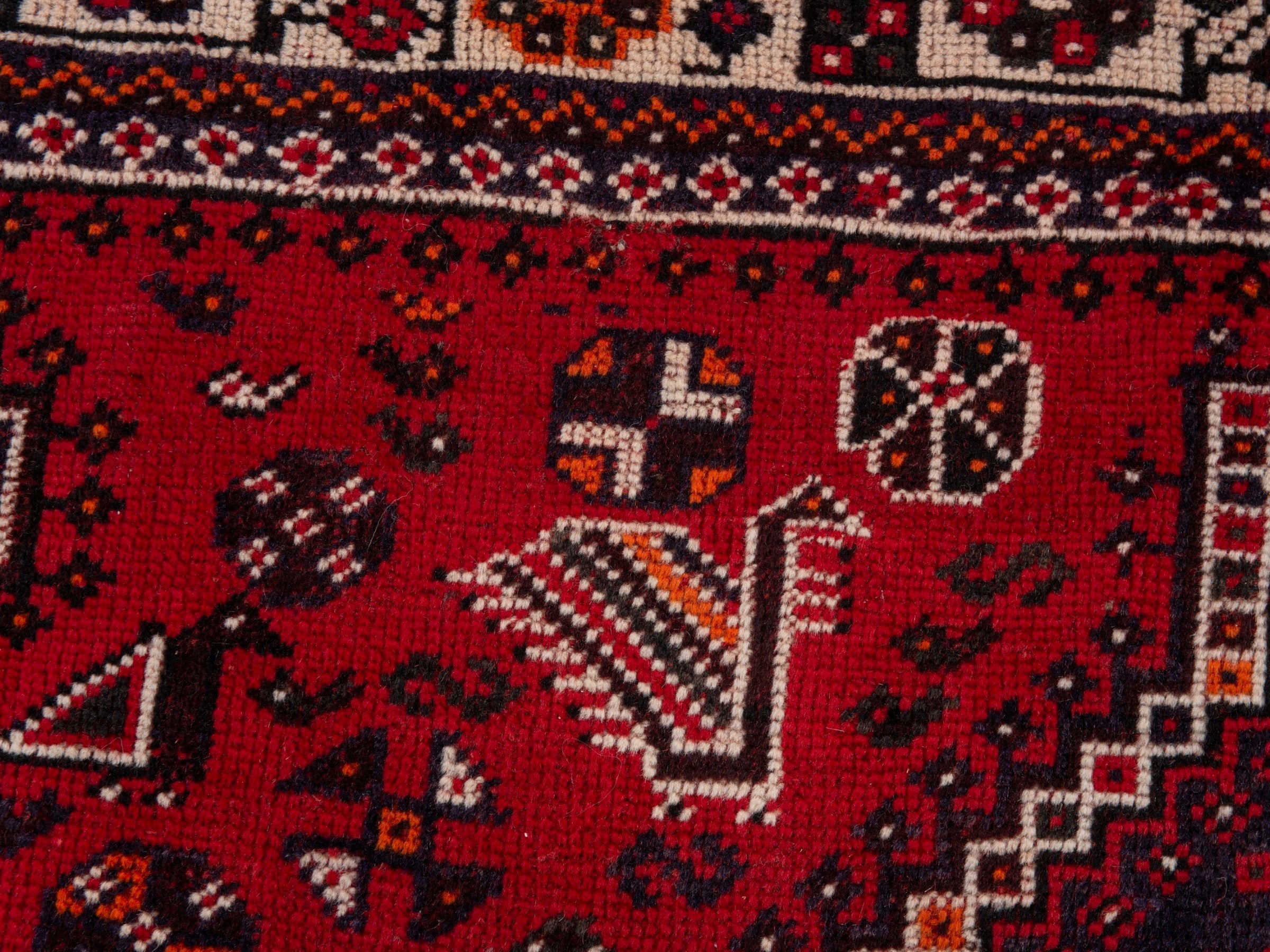 Persian Shiraz area rug in deep red and cream, view 11 of 19