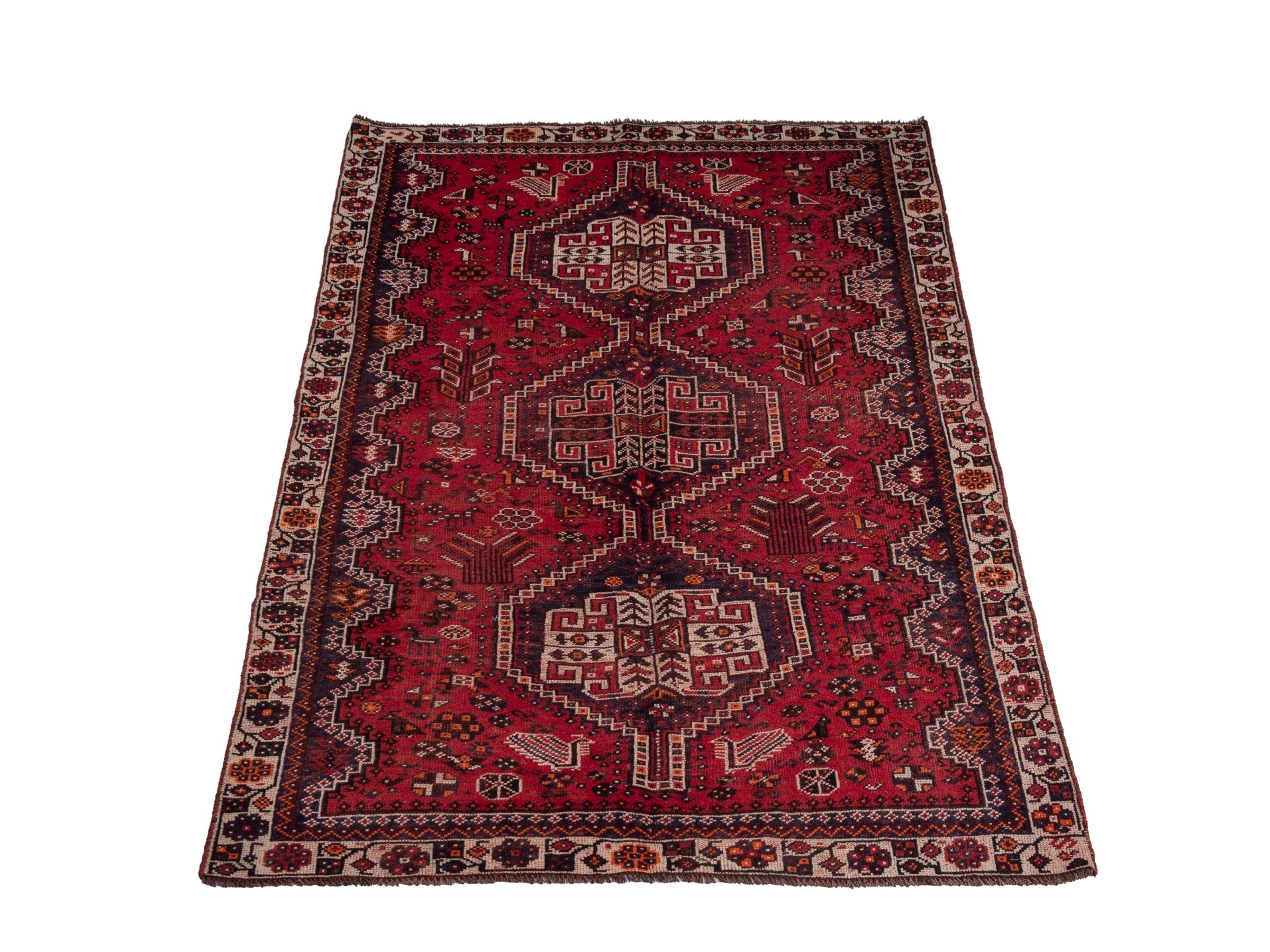 Persian Shiraz area rug in deep red and cream, view 2 of 19