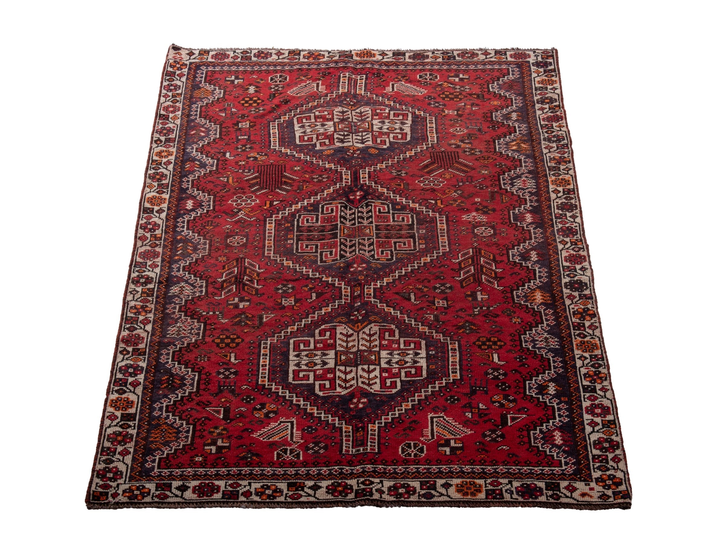 Persian Shiraz area rug in deep red and cream, view 3 of 19