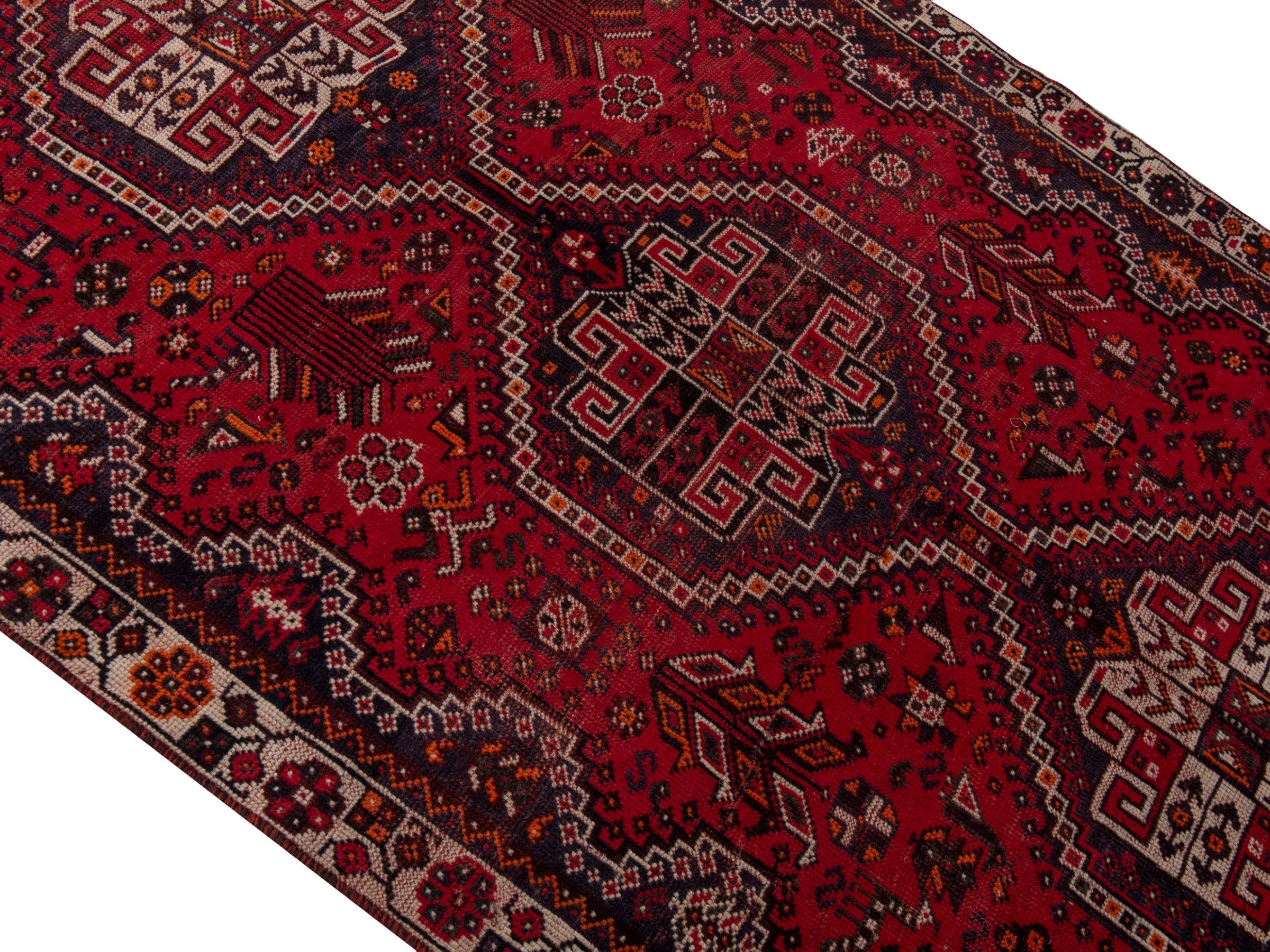 Persian Shiraz area rug in deep red and cream, view 4 of 19