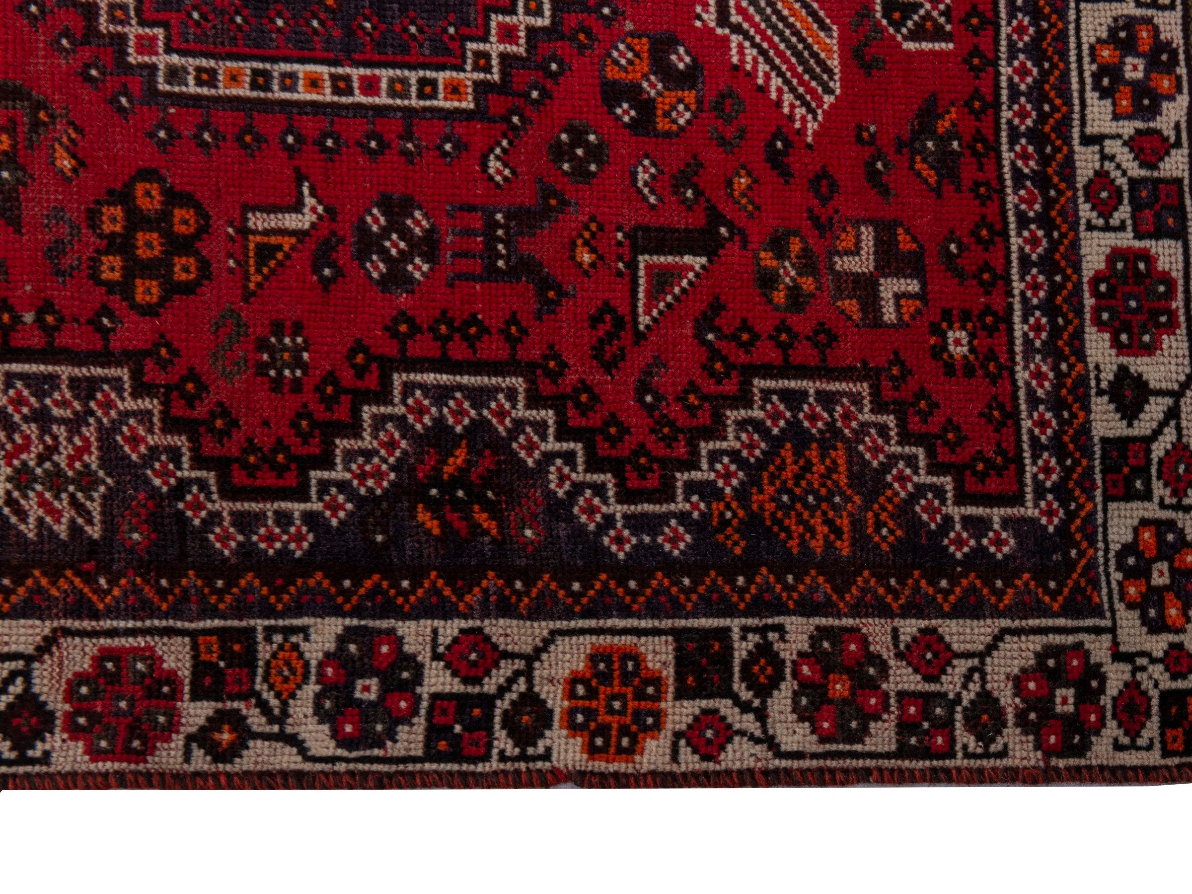 Persian Shiraz area rug in deep red and cream, view 5 of 19