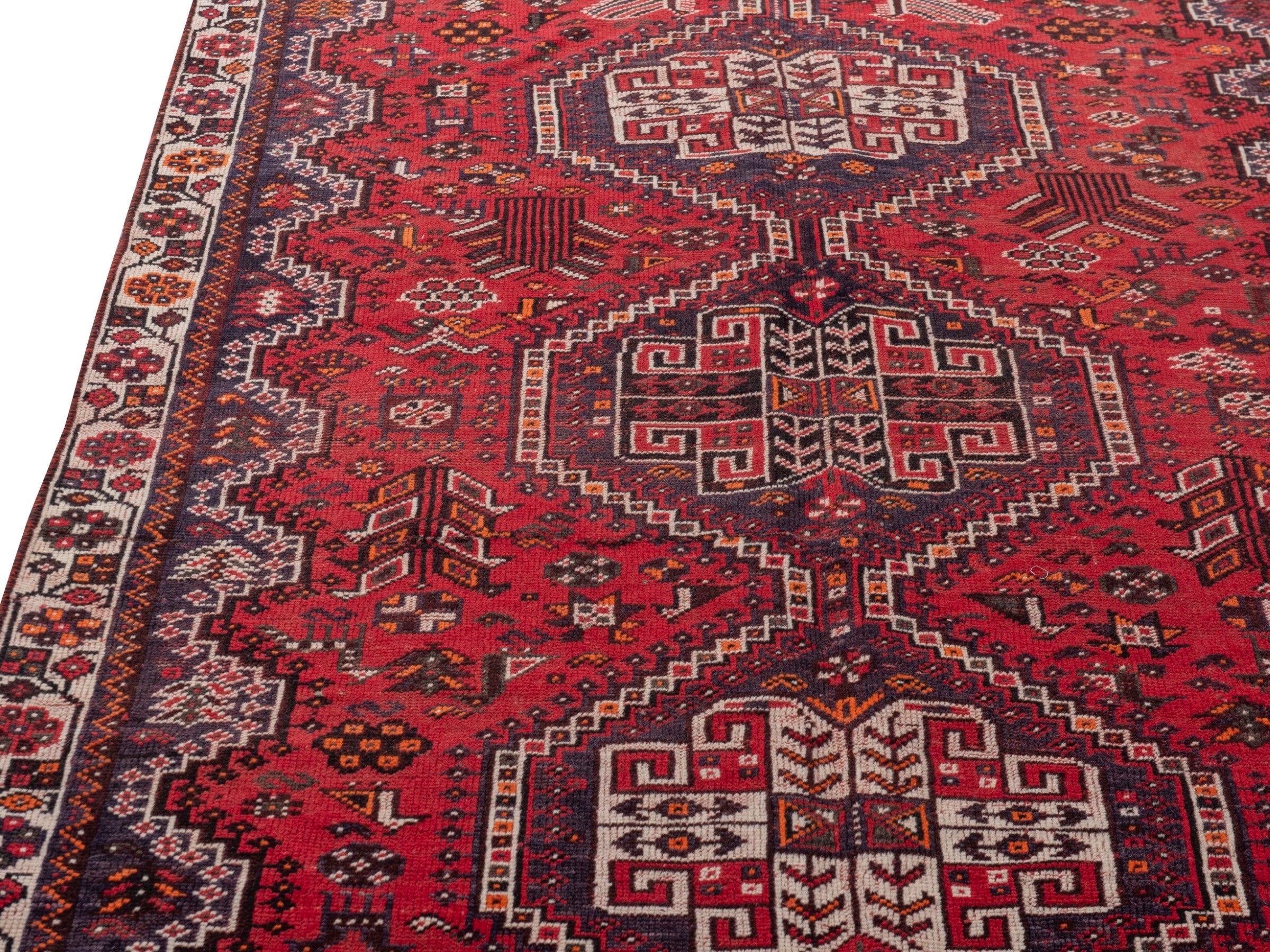 Persian Shiraz area rug in deep red and cream, view 9 of 19
