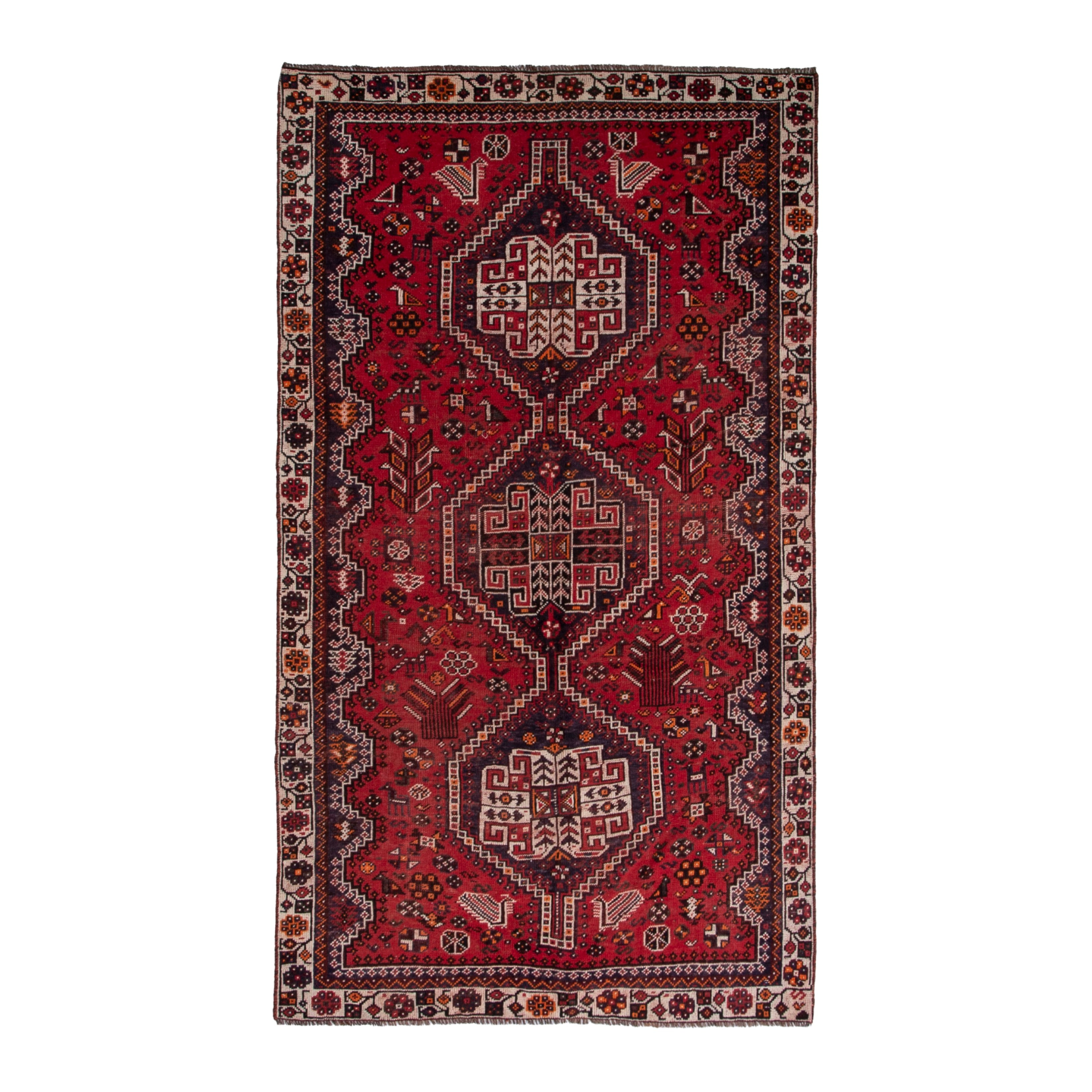 Persian Shiraz area rug in deep red and cream, 4'7" x 7'10"