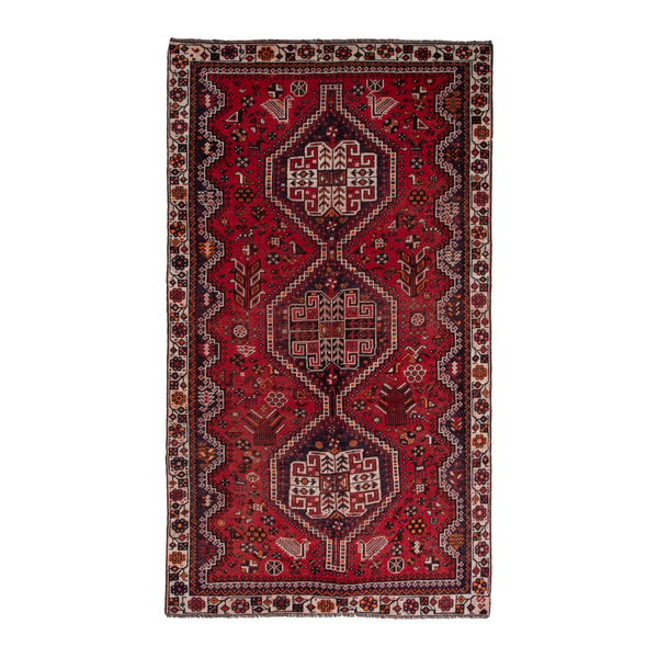 Persian Shiraz area rug in deep red and cream, 4'7" x 7'10"