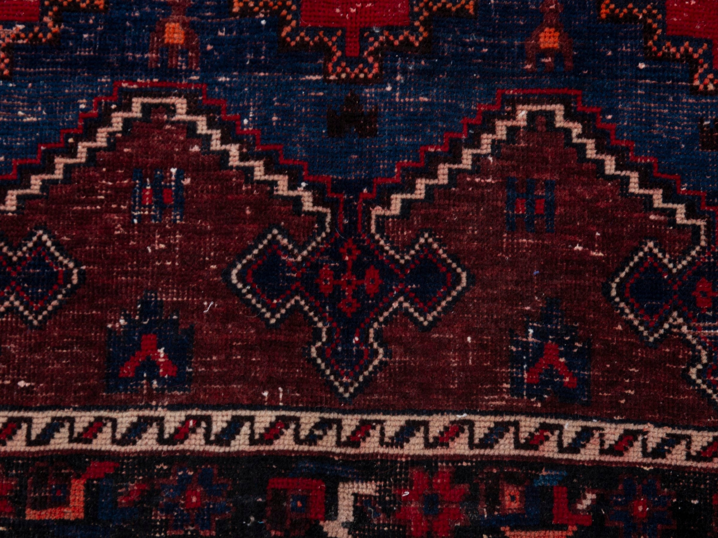 Persian Sirjan accent rug in deep red and navy, view 11 of 19