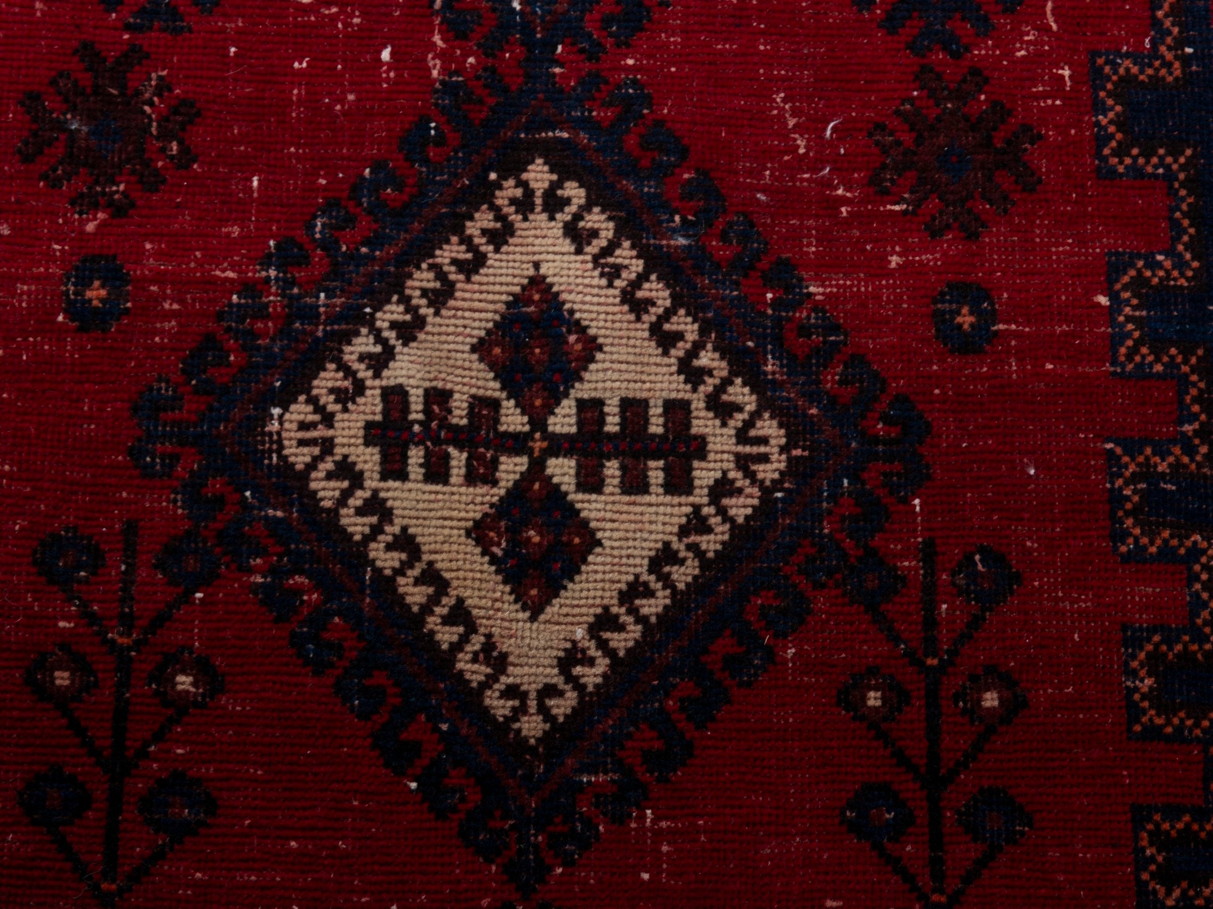Persian Sirjan accent rug in deep red and navy, view 12 of 19
