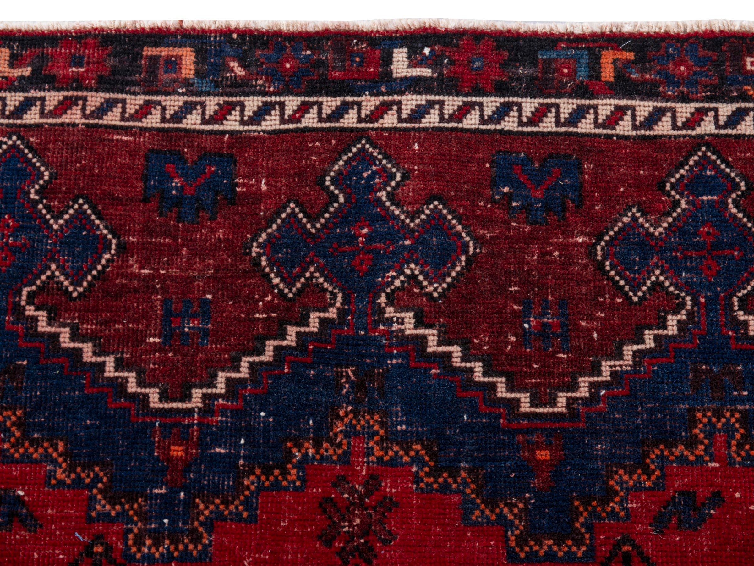 Persian Sirjan accent rug in deep red and navy, view 13 of 19