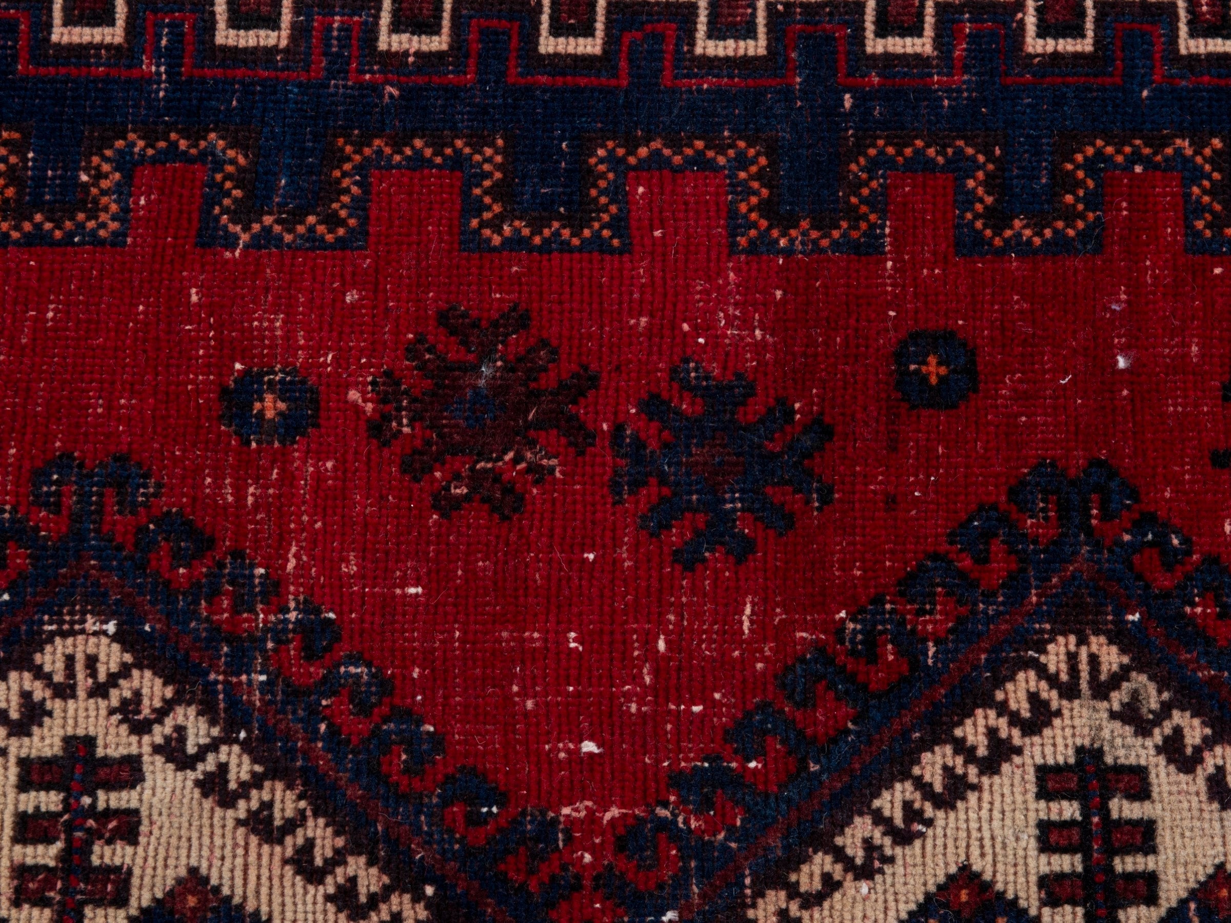 Persian Sirjan accent rug in deep red and navy, view 15 of 19