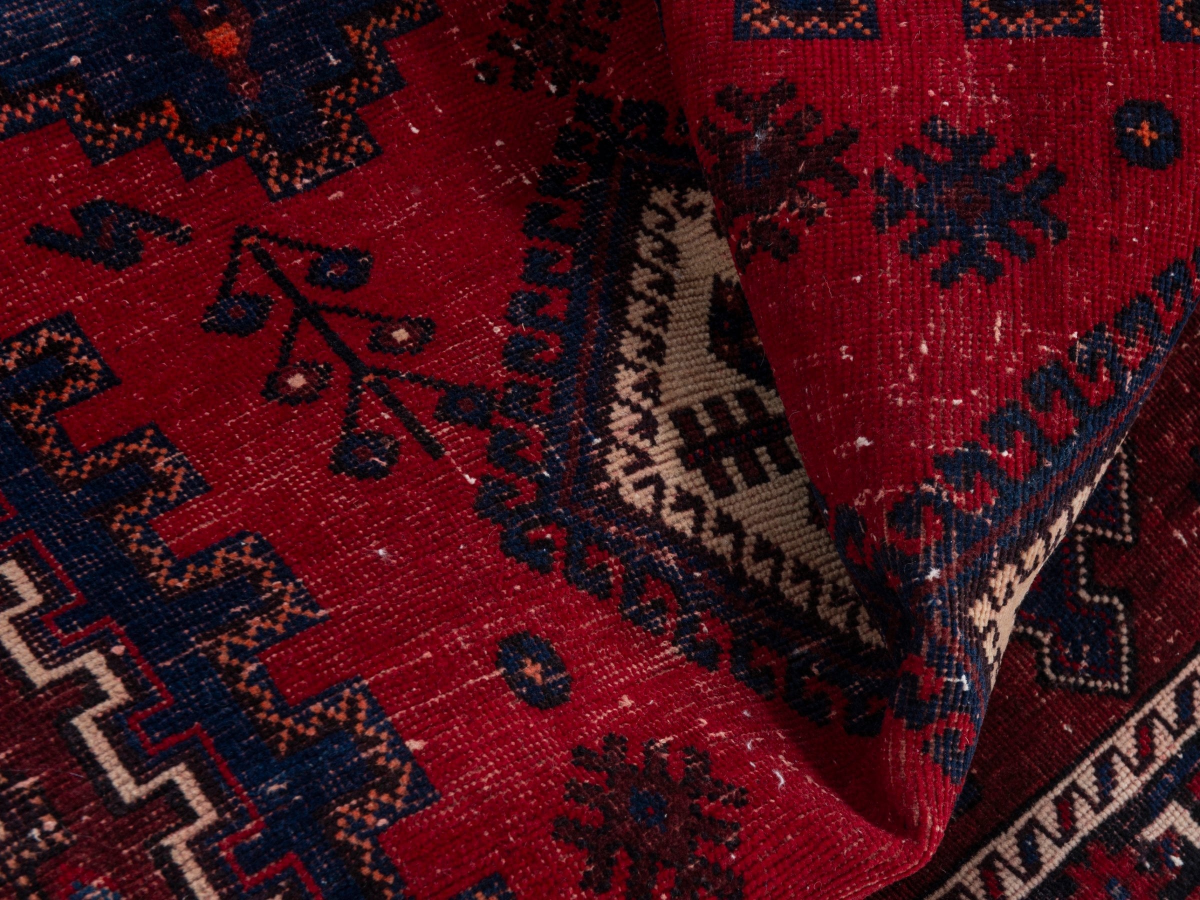 Persian Sirjan accent rug in deep red and navy, view 16 of 19
