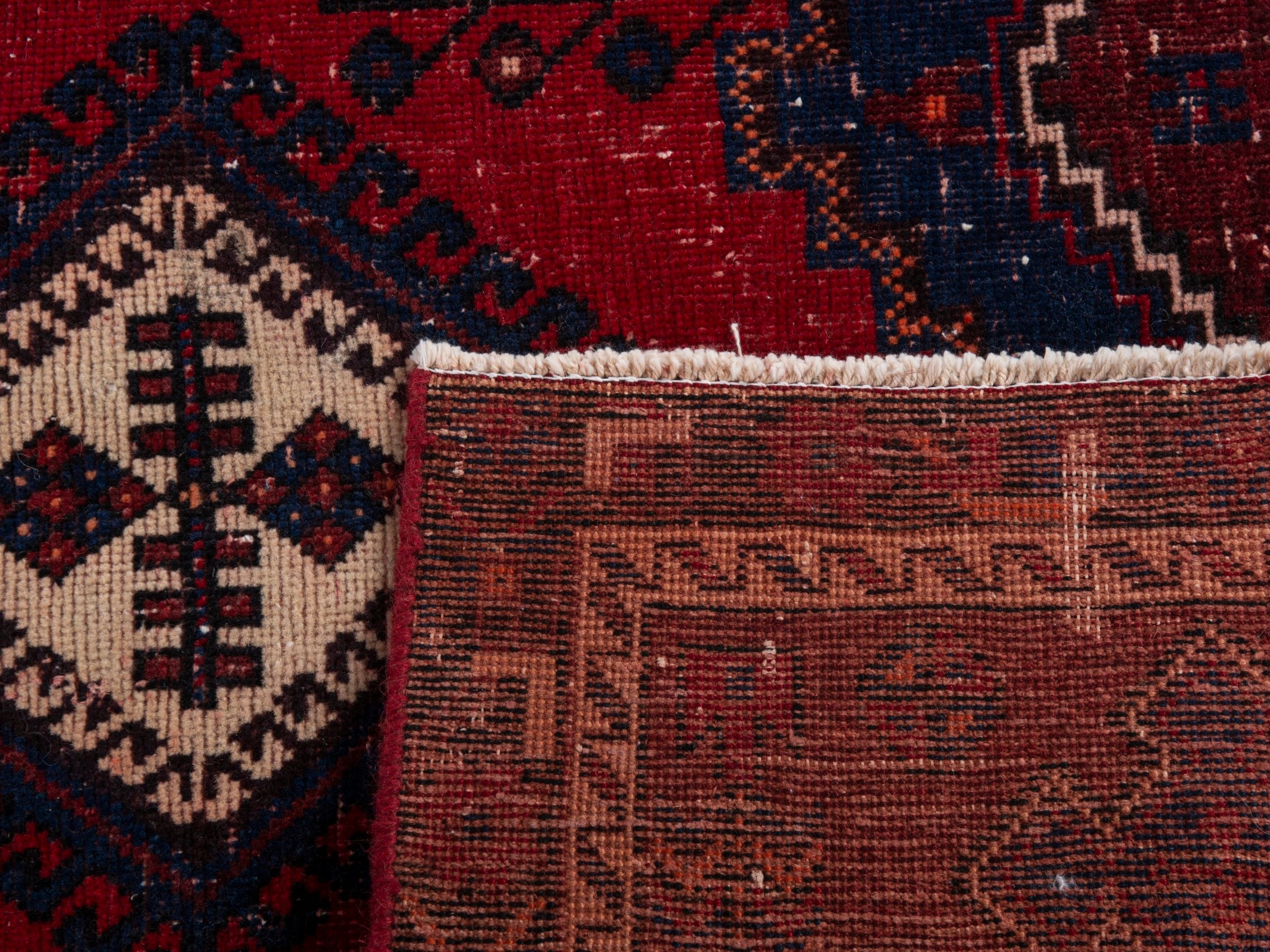 Persian Sirjan accent rug in deep red and navy, view 19 of 19