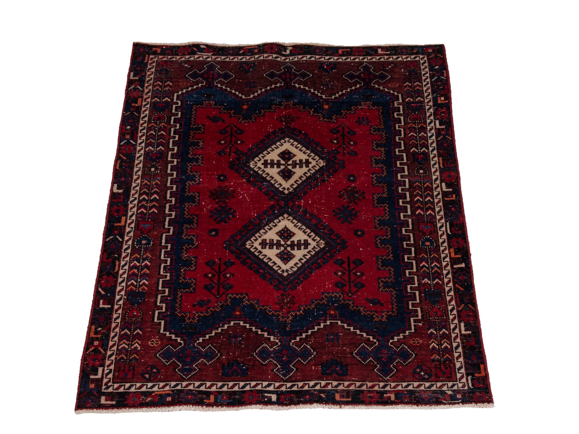 Persian Sirjan accent rug in deep red and navy, view 2 of 19