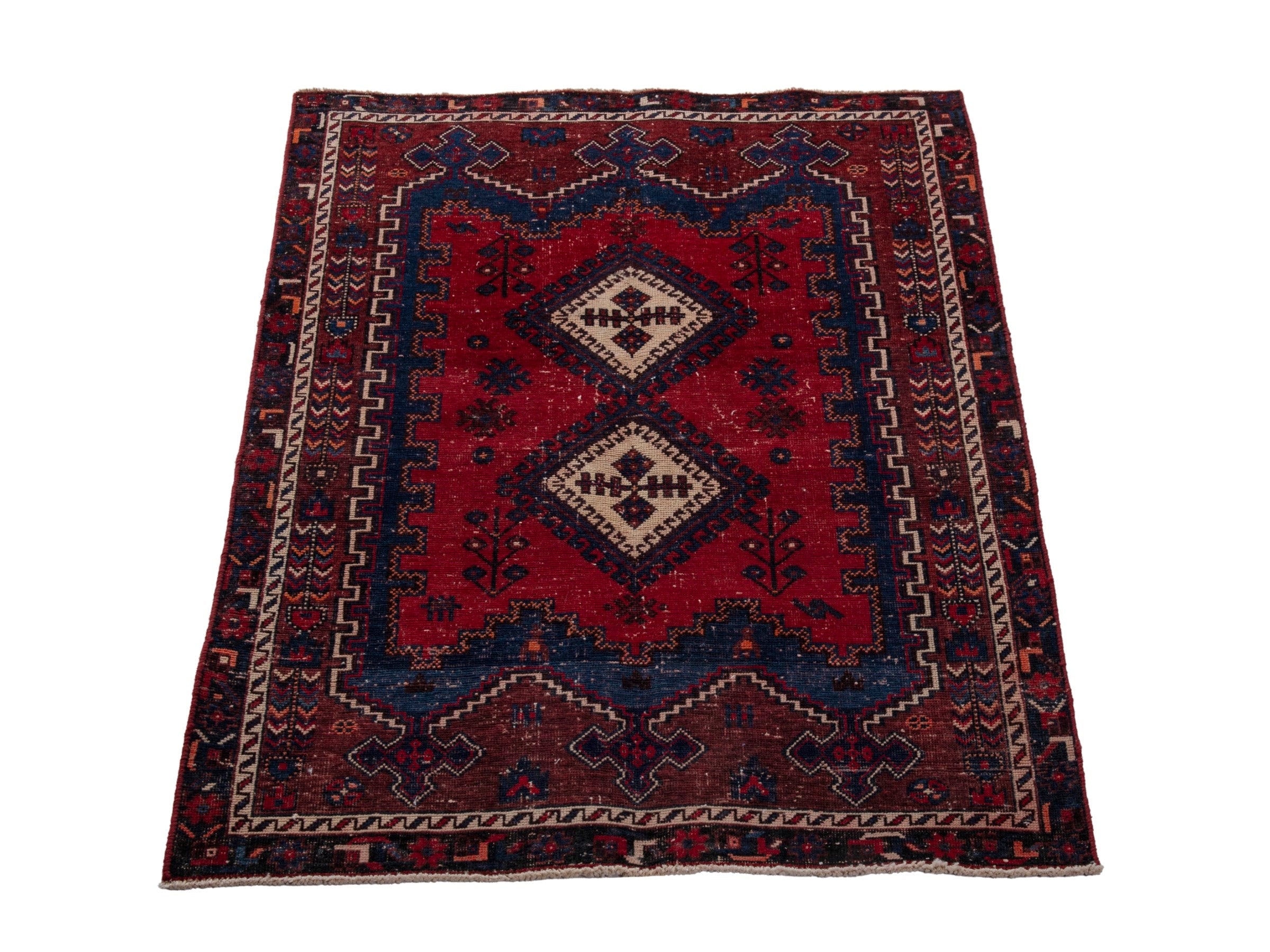 Persian Sirjan accent rug in deep red and navy, view 3 of 19