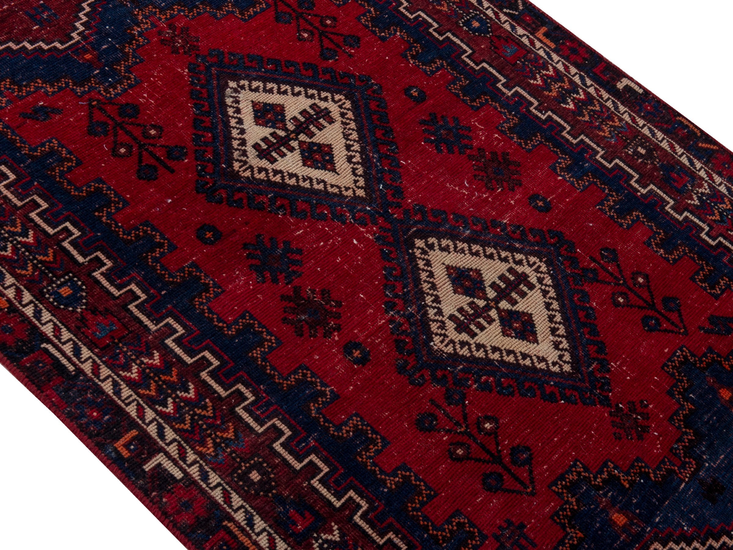 Persian Sirjan accent rug in deep red and navy, view 4 of 19