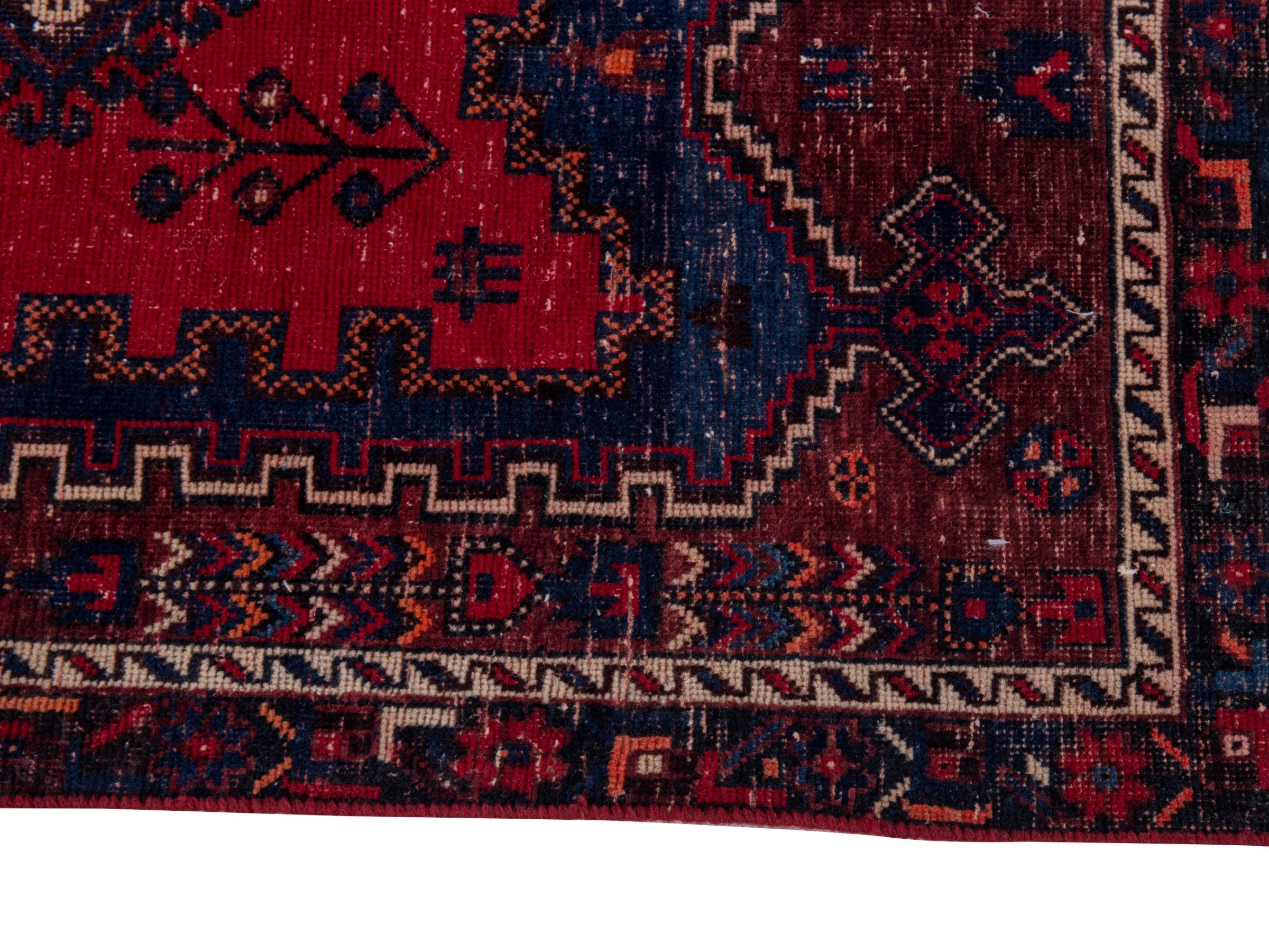 Persian Sirjan accent rug in deep red and navy, view 5 of 19
