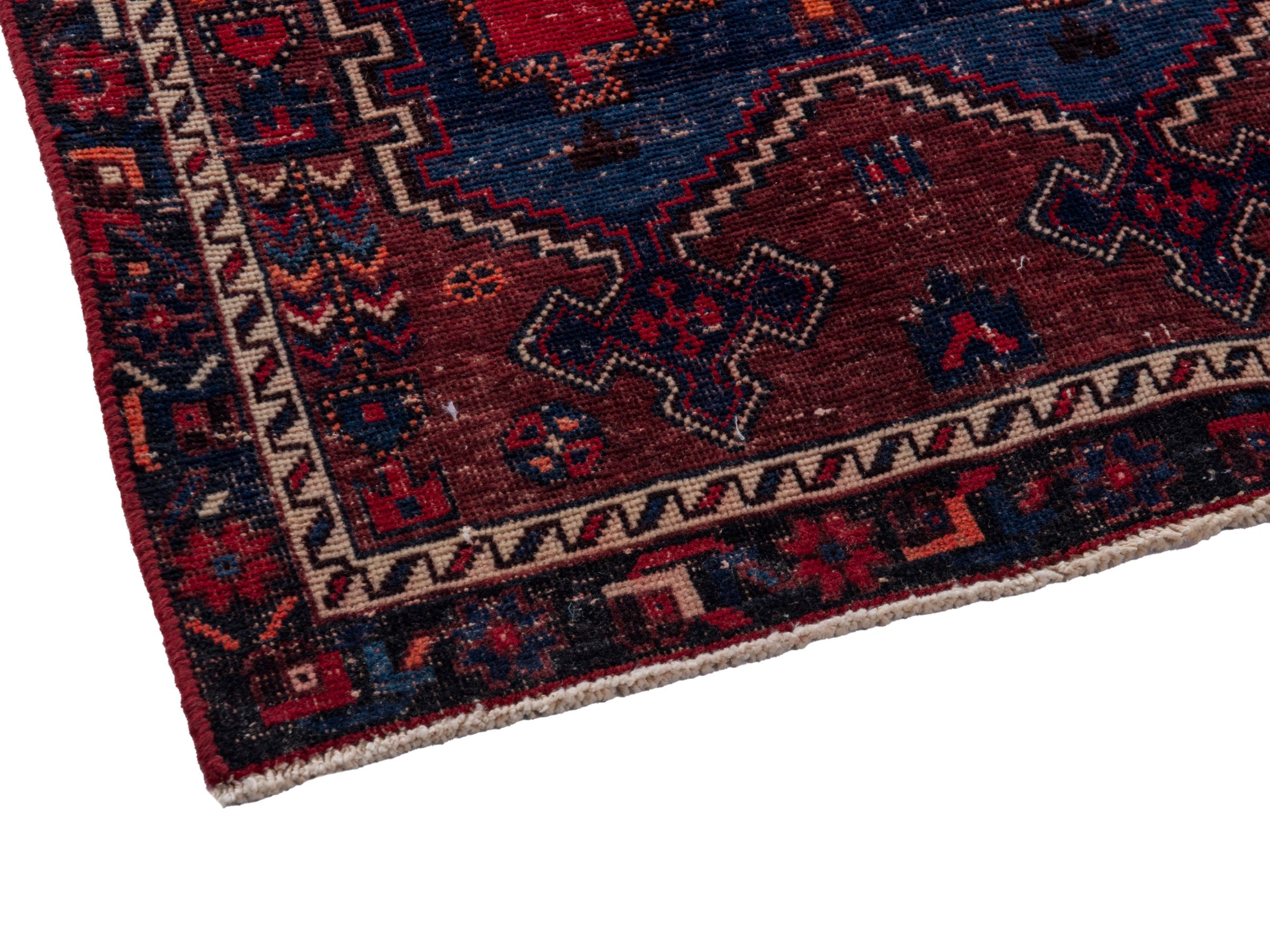 Persian Sirjan accent rug in deep red and navy, view 6 of 19