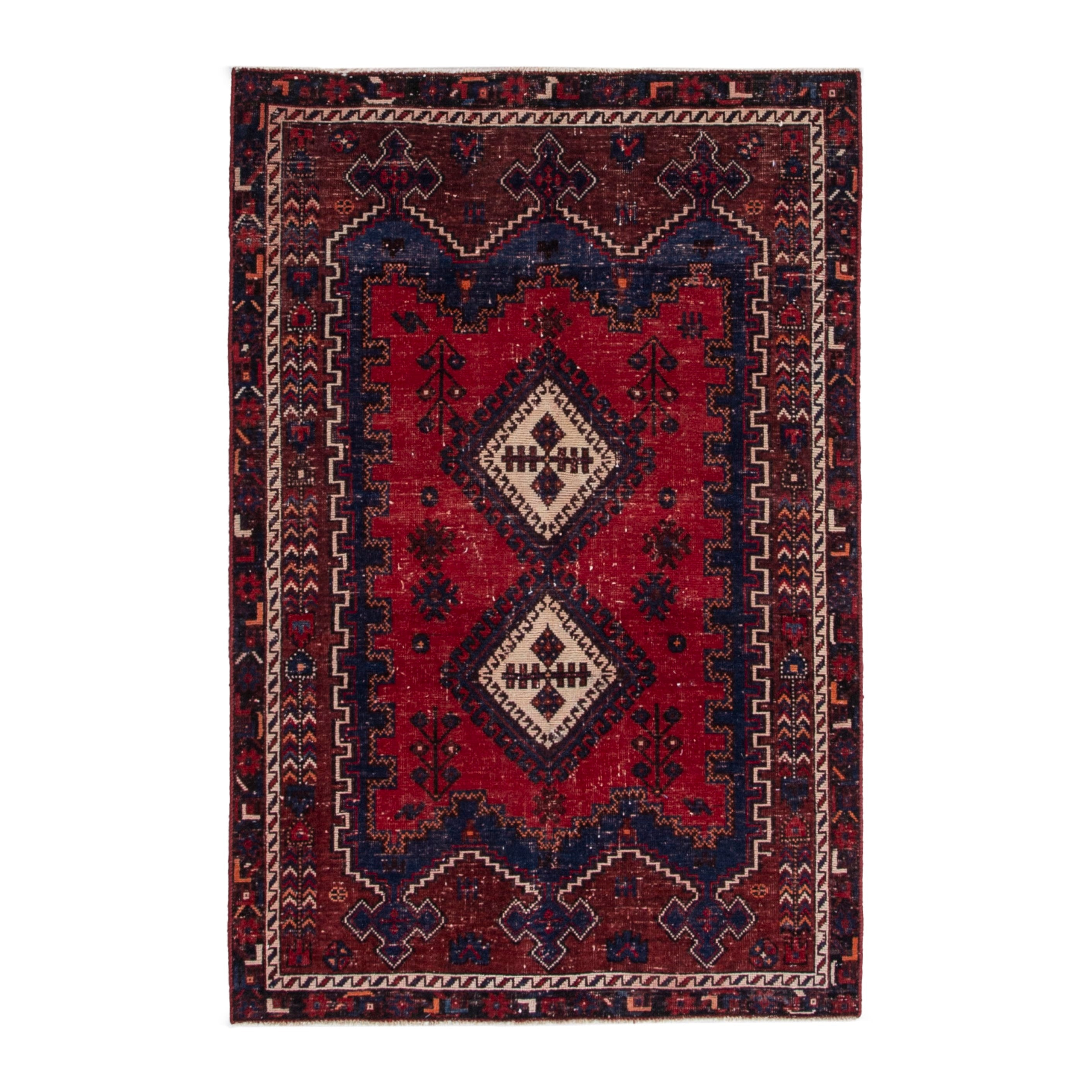 Persian Sirjan accent rug in deep red and navy, 3'7" x 5'7"