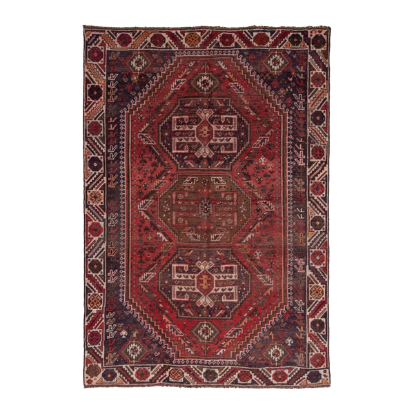 Persian Shiraz area rug in deep red and burgundy, 4'11" x 6'9"