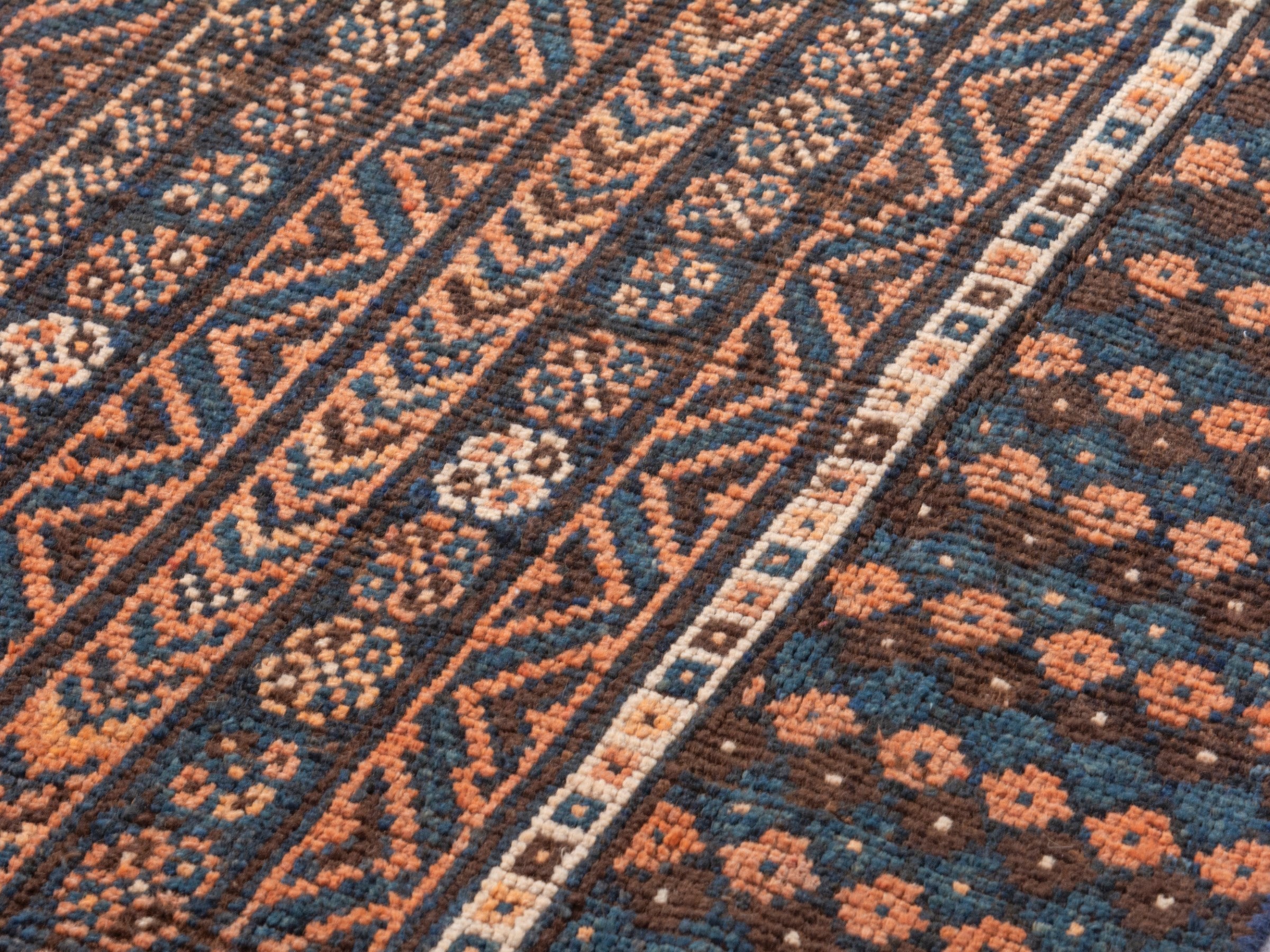 Persian Shiraz runner rug in navy and rust, view 11 of 18