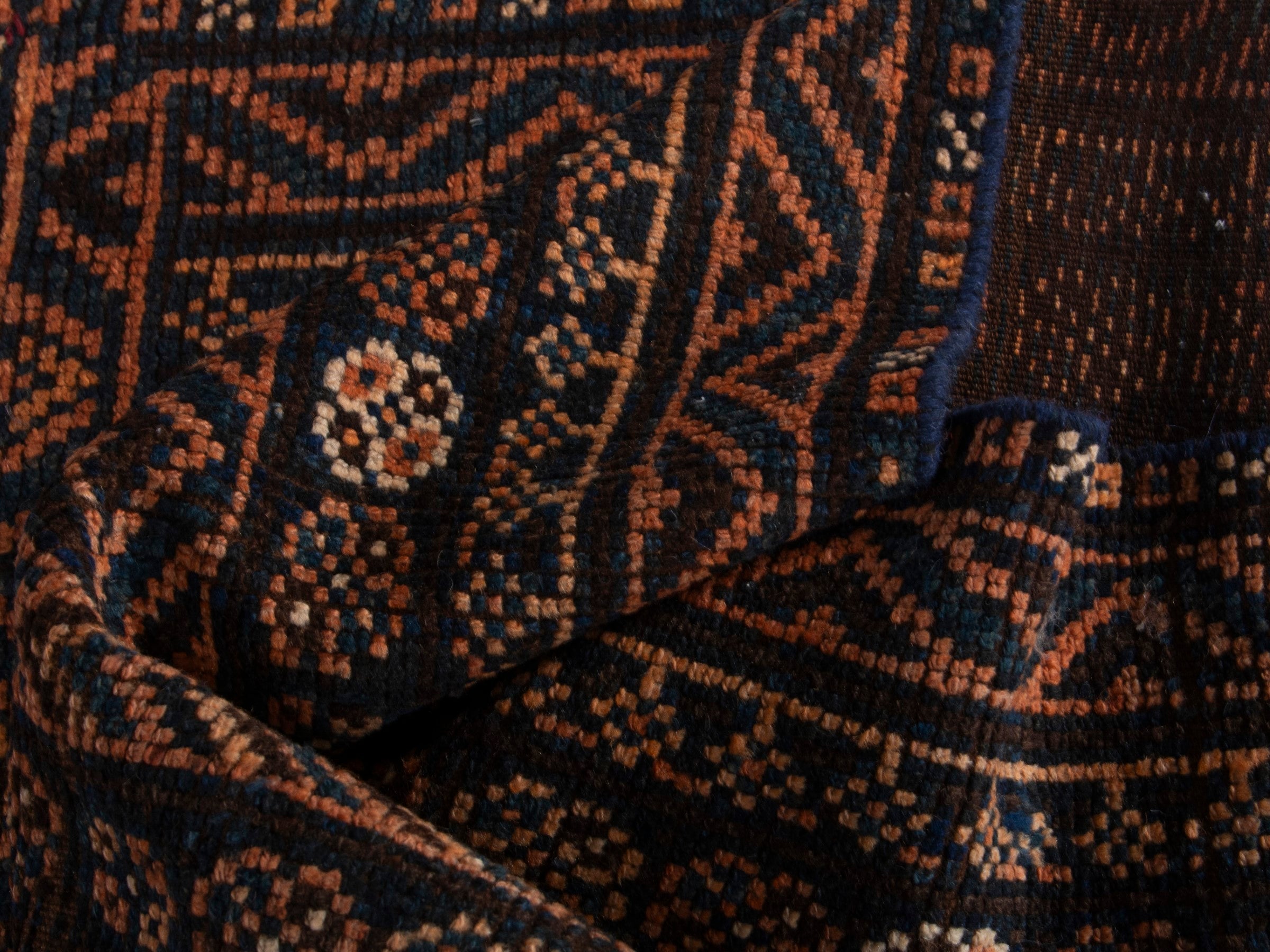 Persian Shiraz runner rug in navy and rust, view 15 of 18