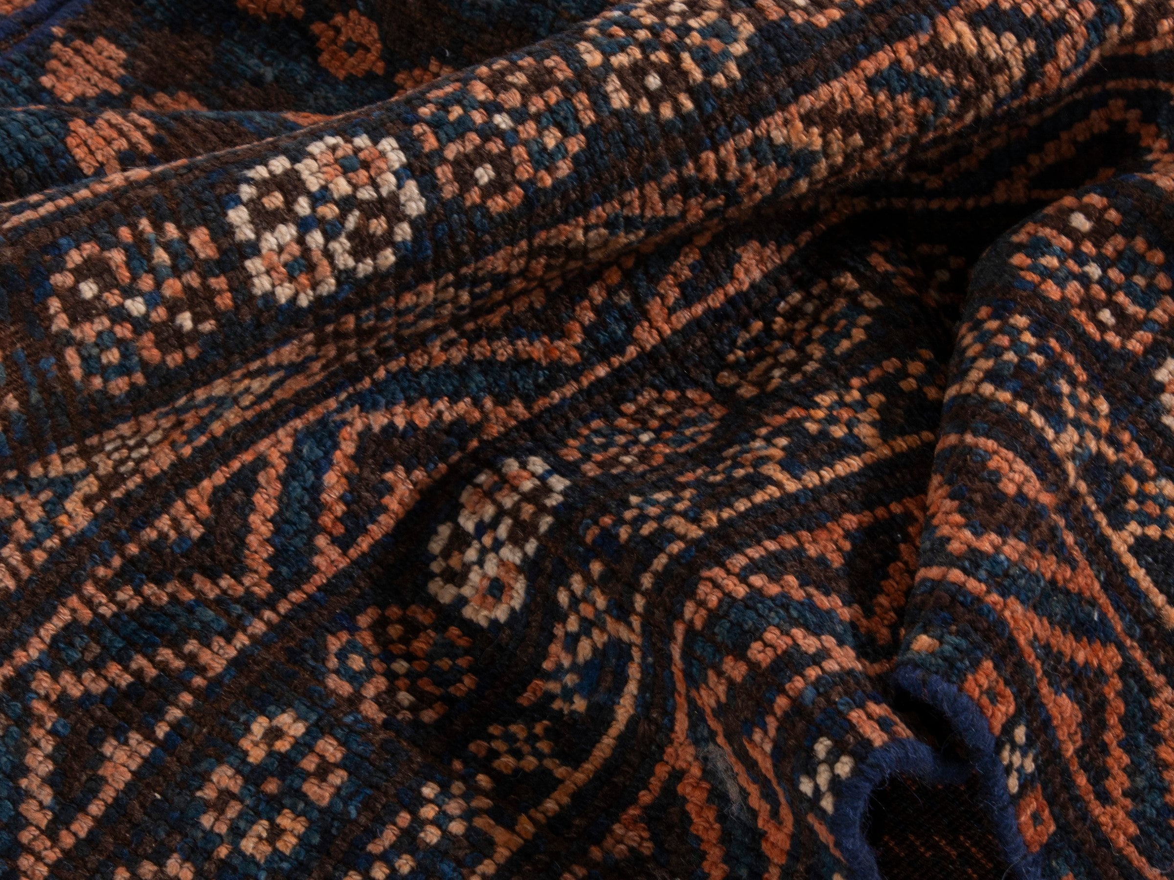 Persian Shiraz runner rug in navy and rust, view 16 of 18