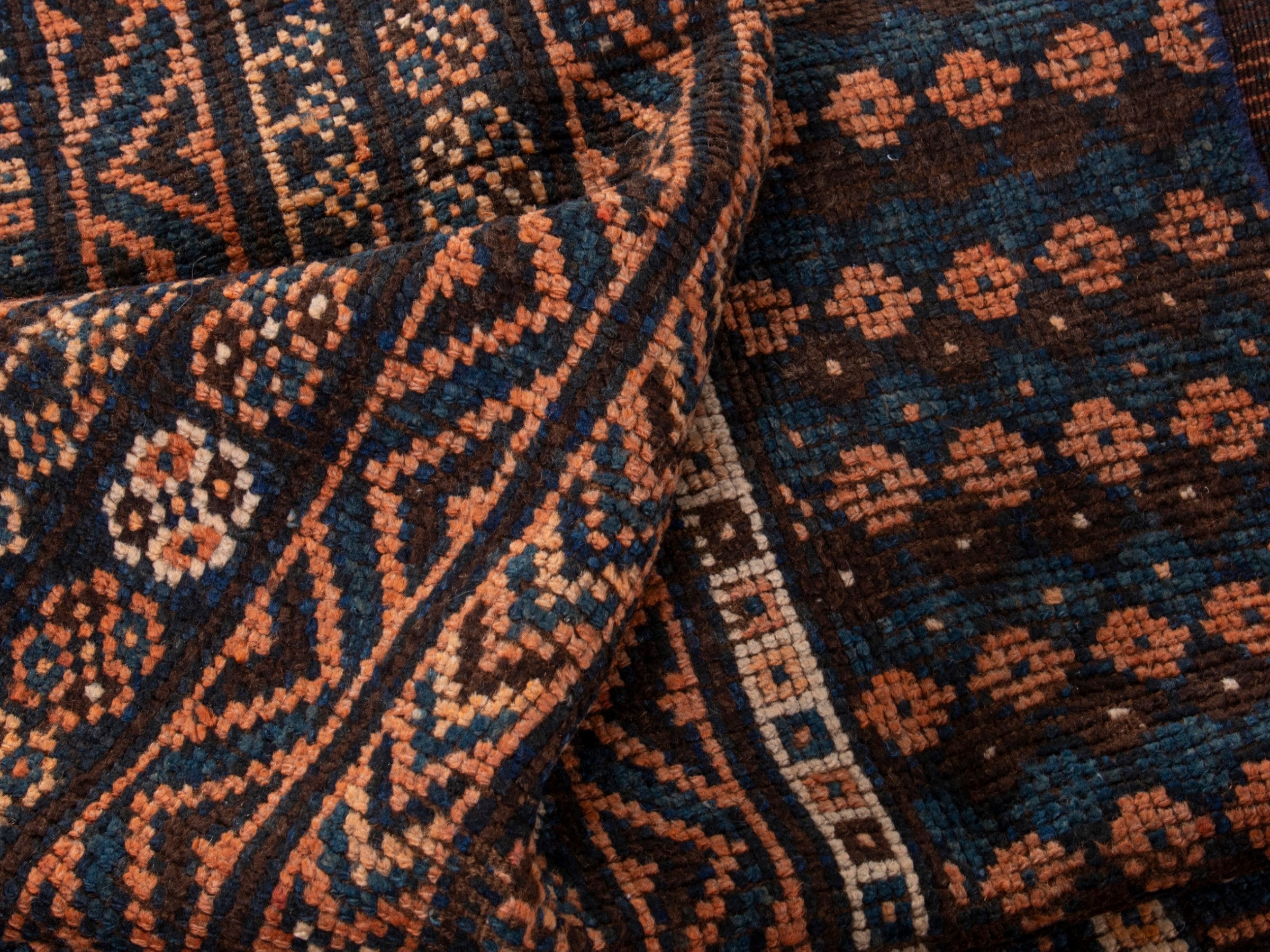 Persian Shiraz runner rug in navy and rust, view 17 of 18