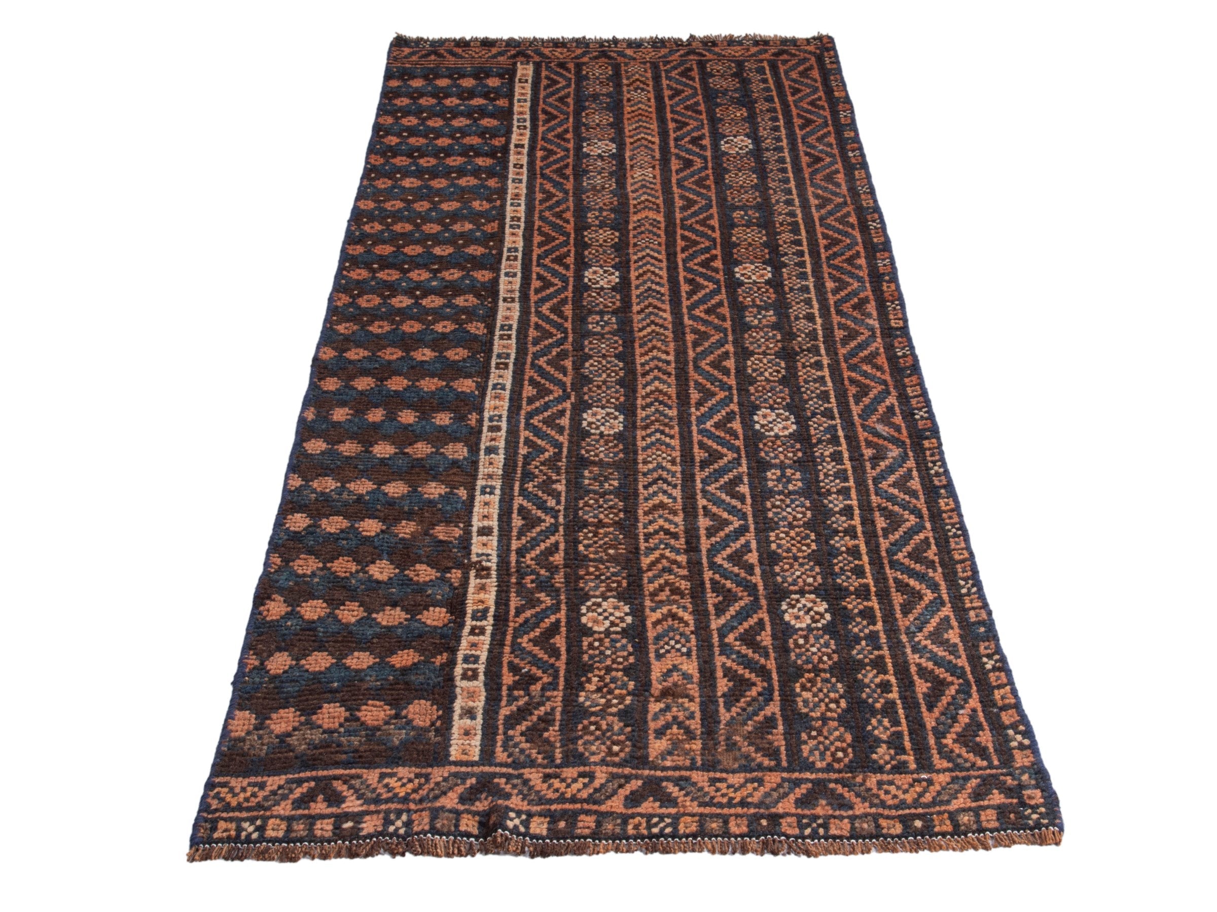 Persian Shiraz runner rug in navy and rust, view 2 of 18