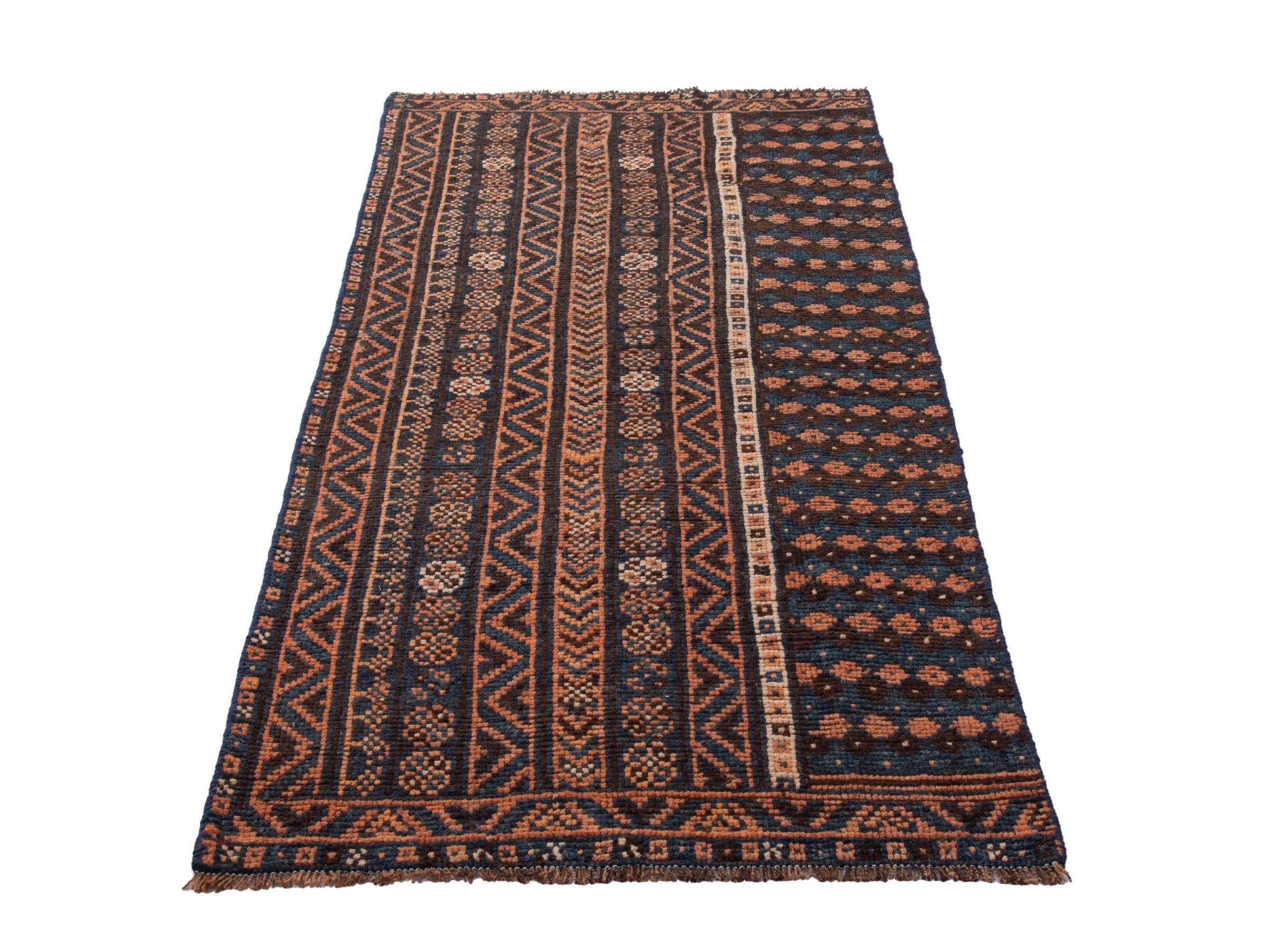 Persian Shiraz runner rug in navy and rust, view 3 of 18