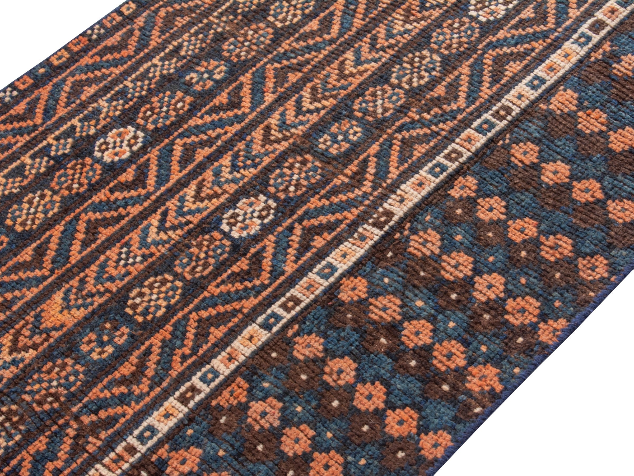 Persian Shiraz runner rug in navy and rust, view 4 of 18
