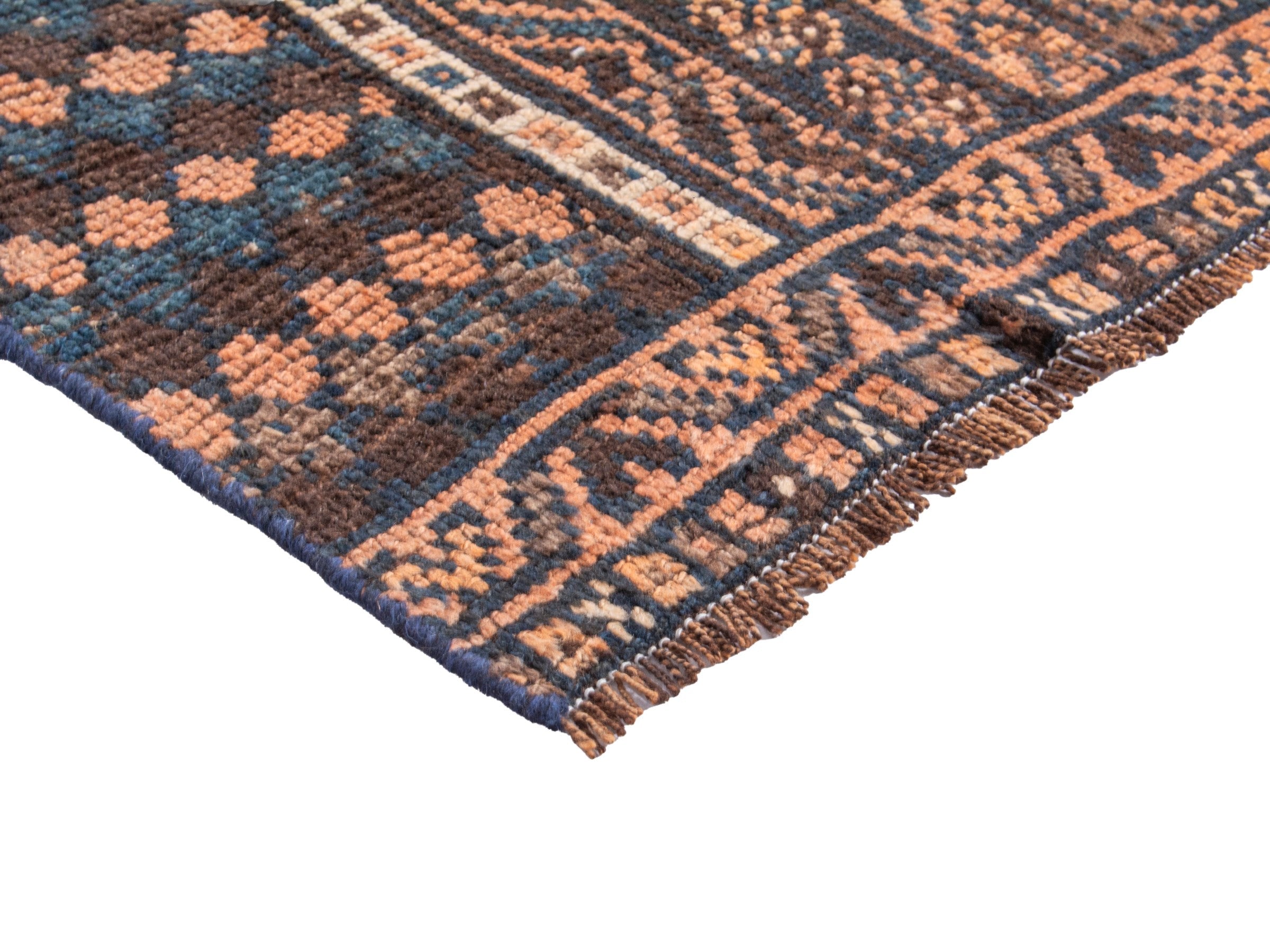 Persian Shiraz runner rug in navy and rust, view 6 of 18