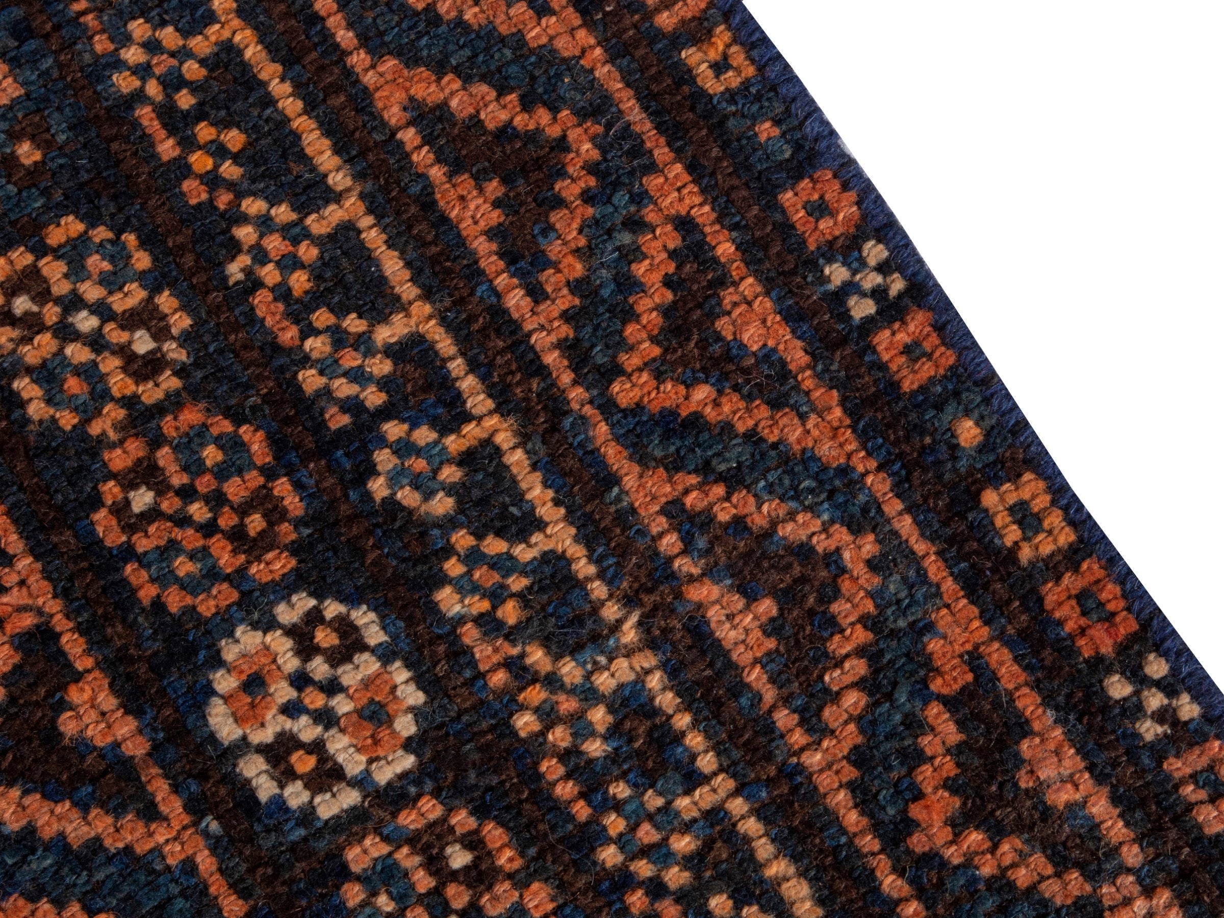 Persian Shiraz runner rug in navy and rust, view 8 of 18