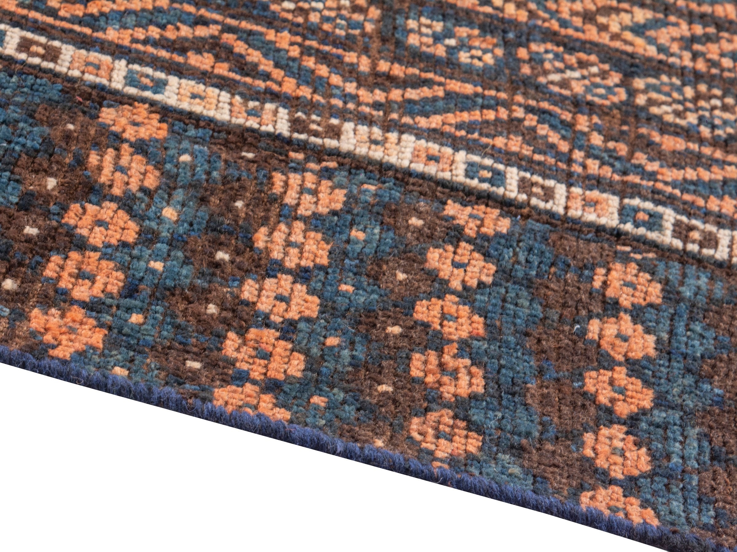 Persian Shiraz runner rug in navy and rust, view 9 of 18