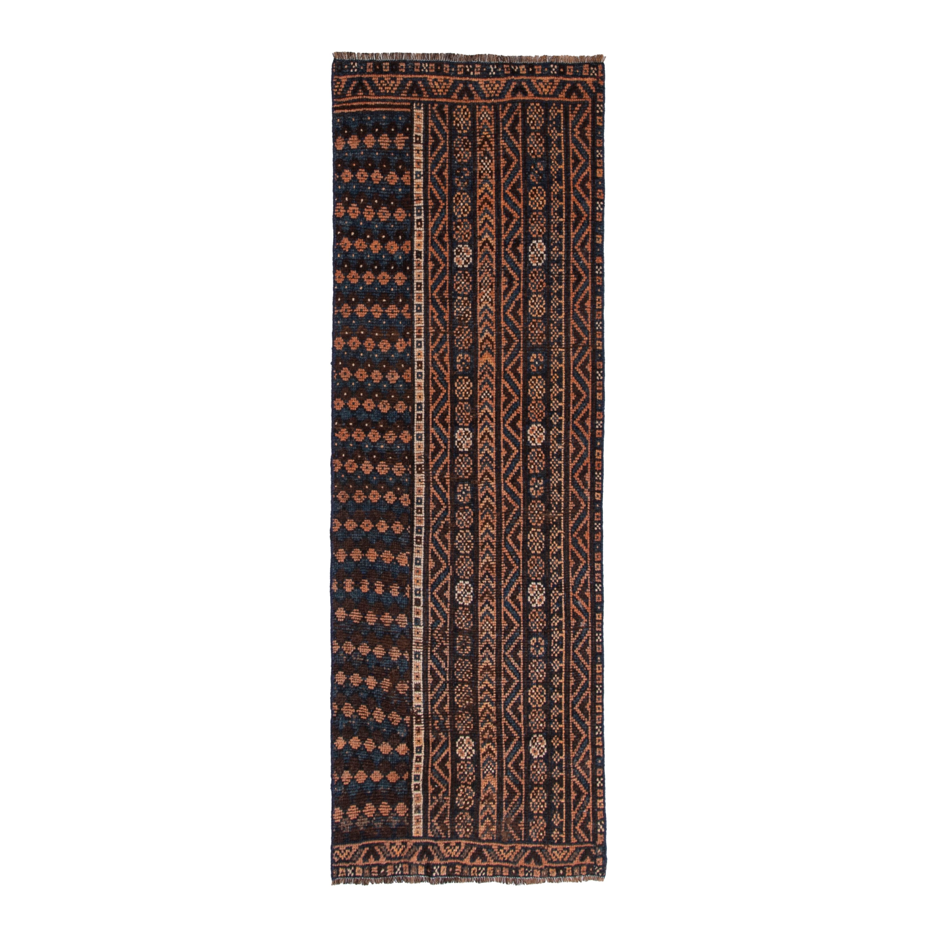 Persian Shiraz runner rug in navy and rust, 2'11" x 8'4"