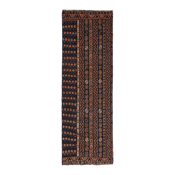 Persian Shiraz runner rug in navy and rust, 2'11" x 8'4"
