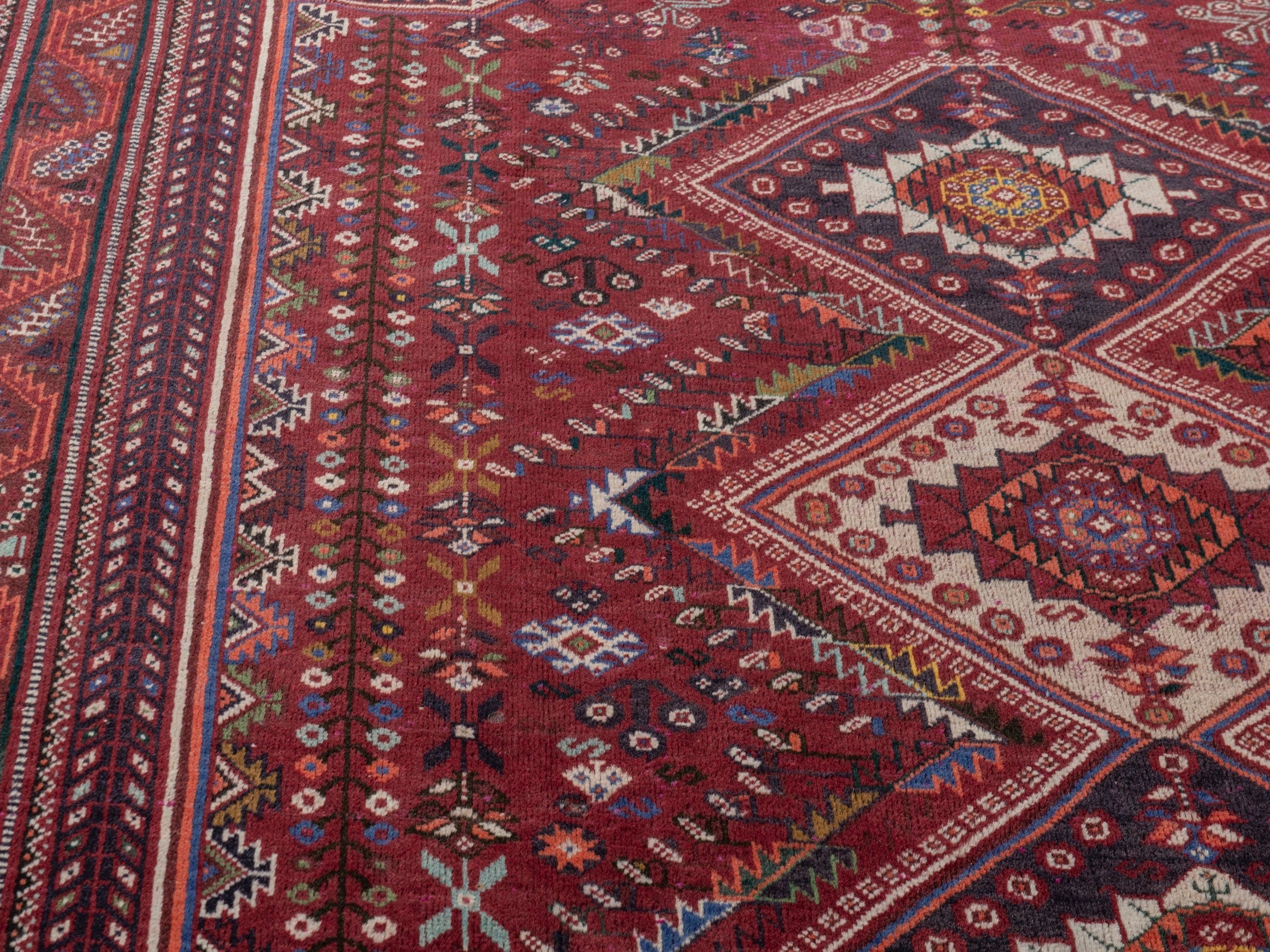 Persian Shiraz area rug in burgundy and deep red, view 7 of 20