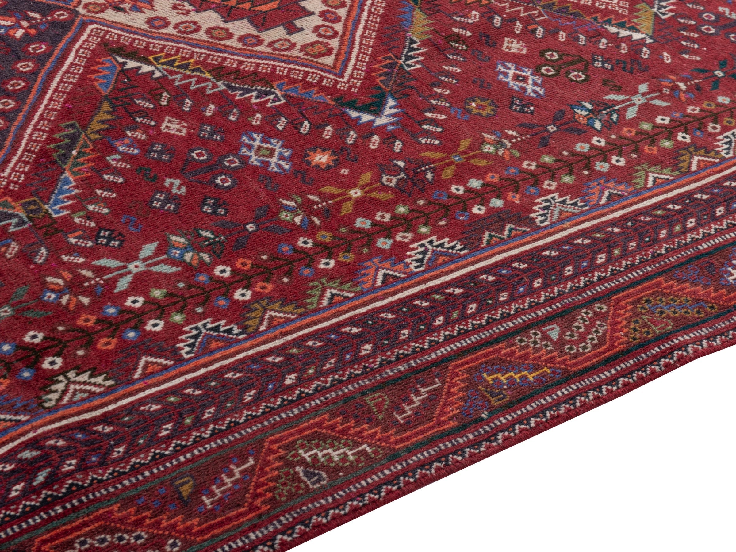Persian Shiraz area rug in burgundy and deep red, view 8 of 20