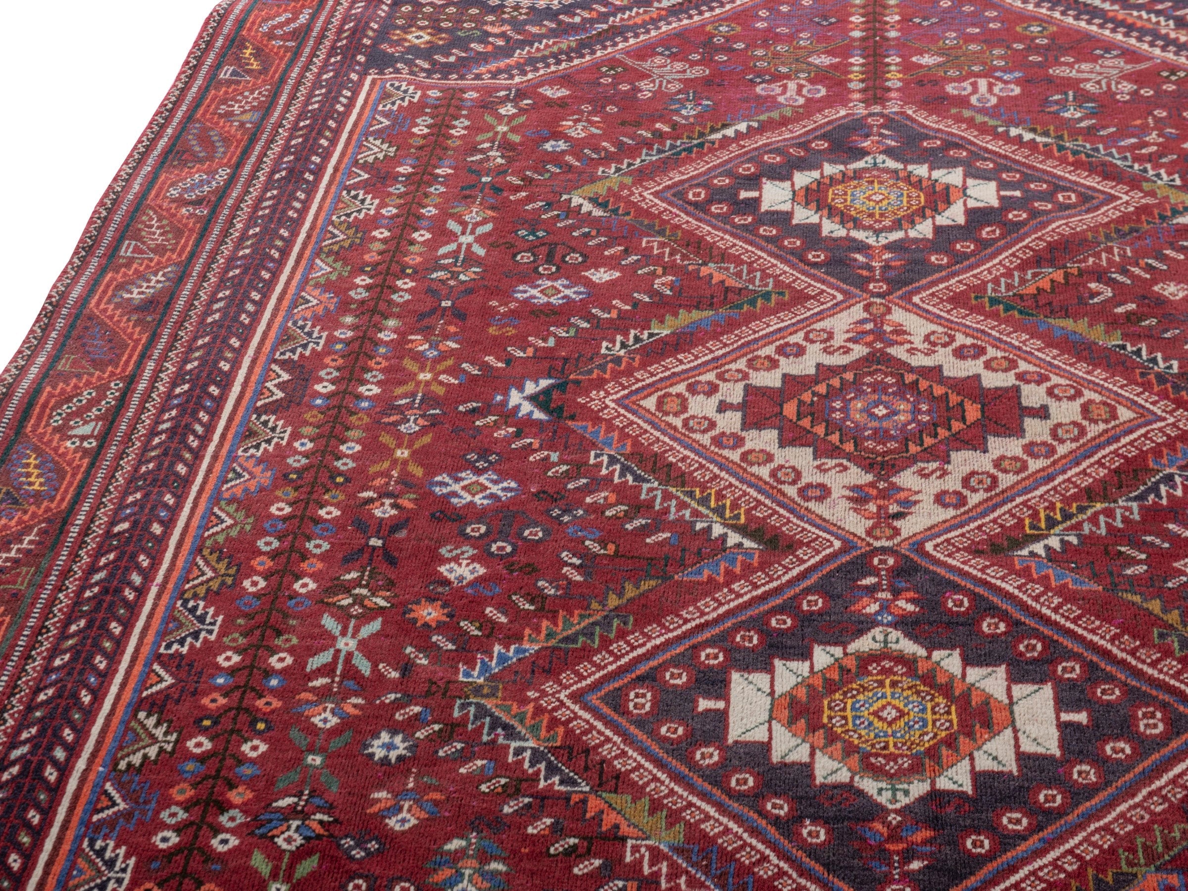 Persian Shiraz area rug in burgundy and deep red, view 9 of 20