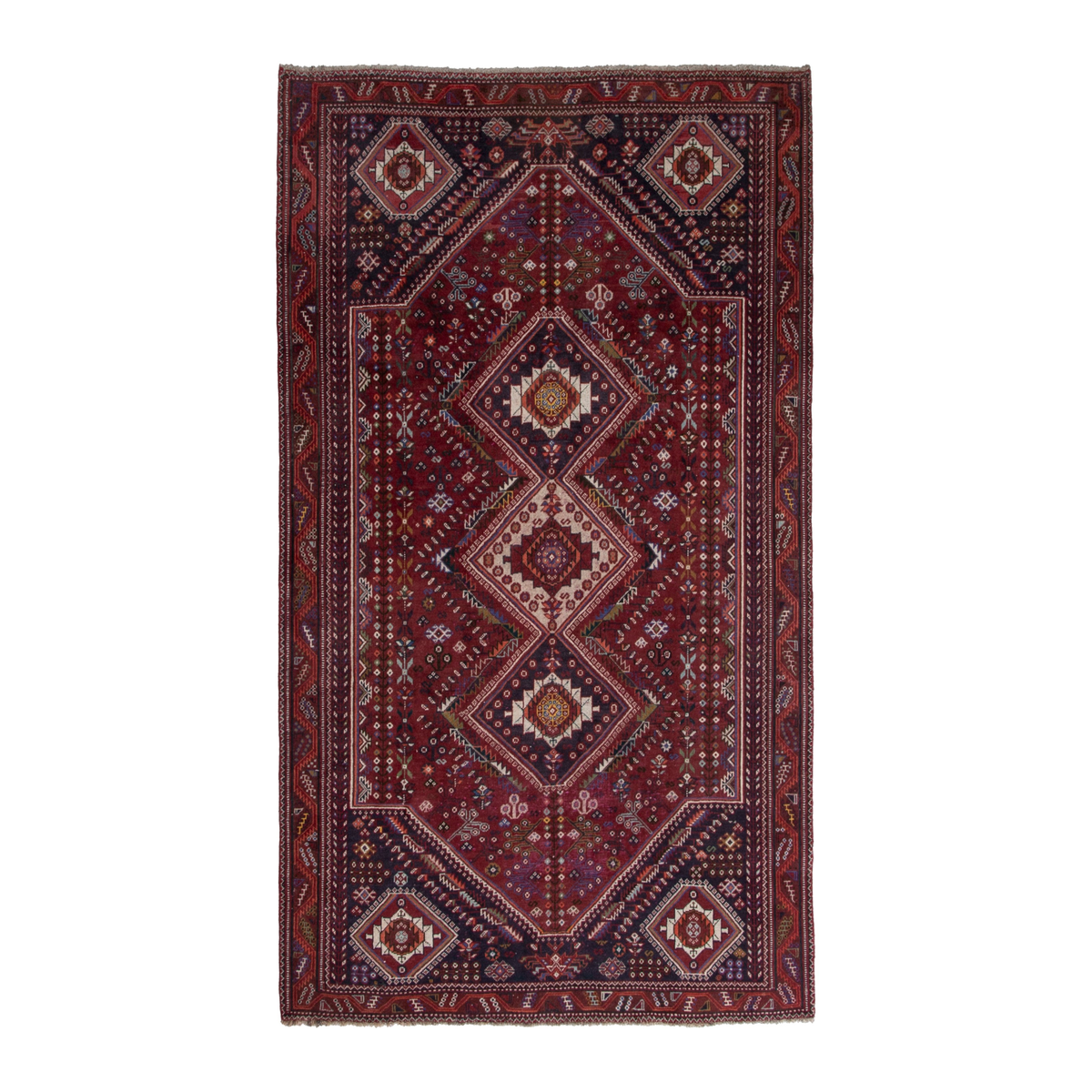 Persian Shiraz area rug in burgundy and deep red, 6'3" x 10'5"