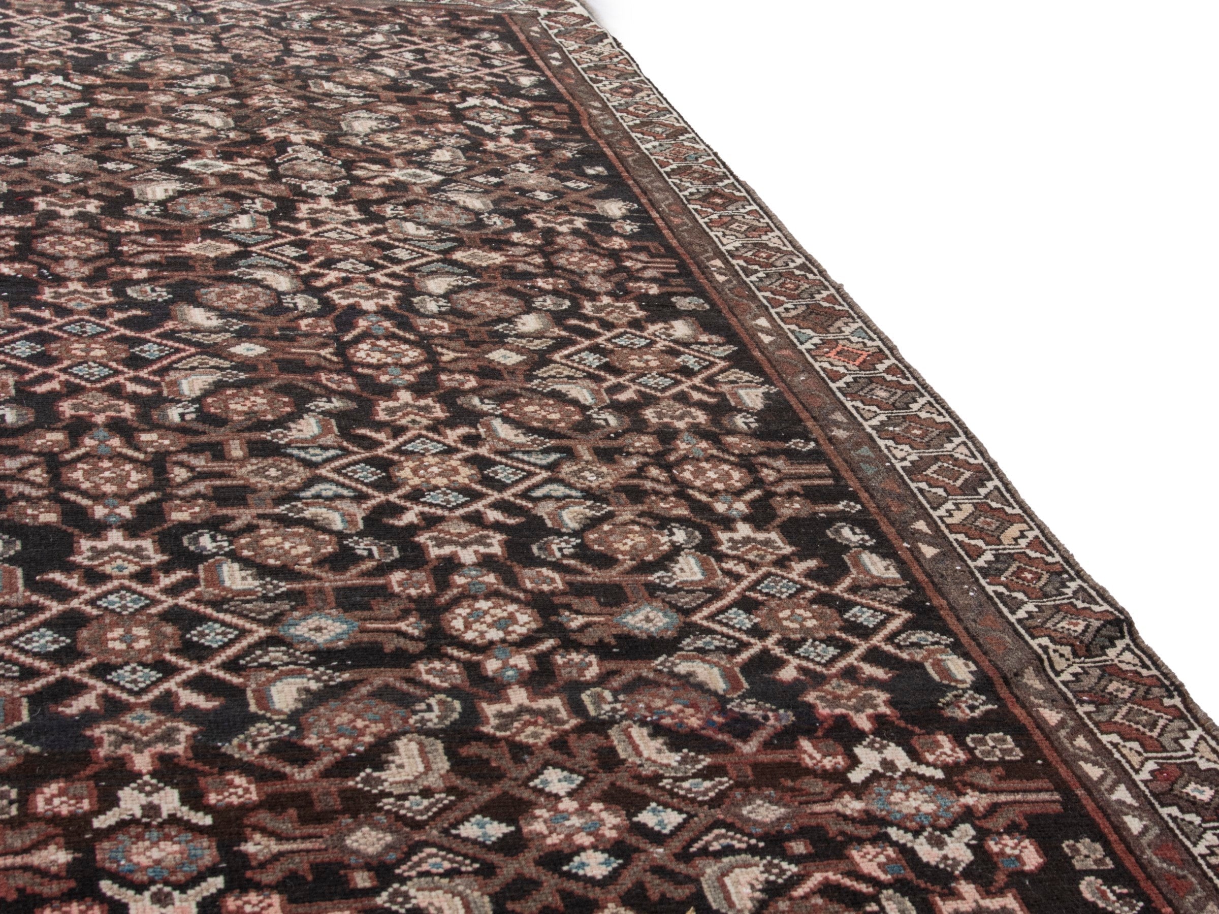 Persian Hamedan runner rug in burgundy and antique gold, view 10 of 17