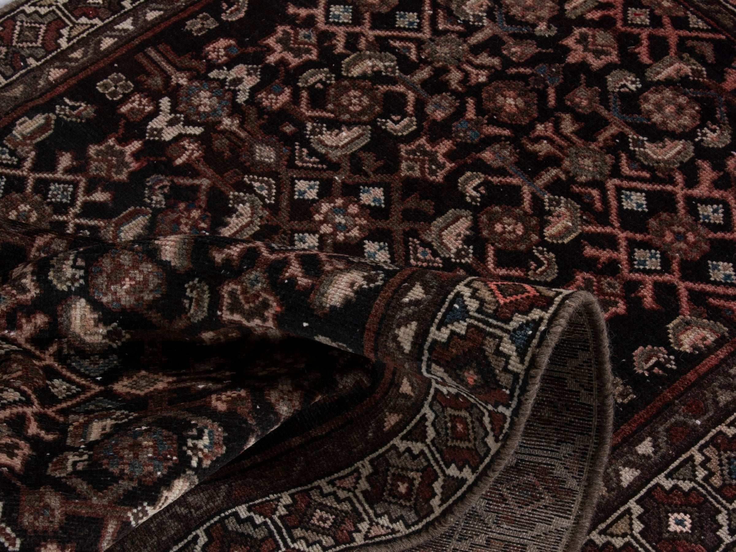 Persian Hamedan runner rug in burgundy and antique gold, view 14 of 17
