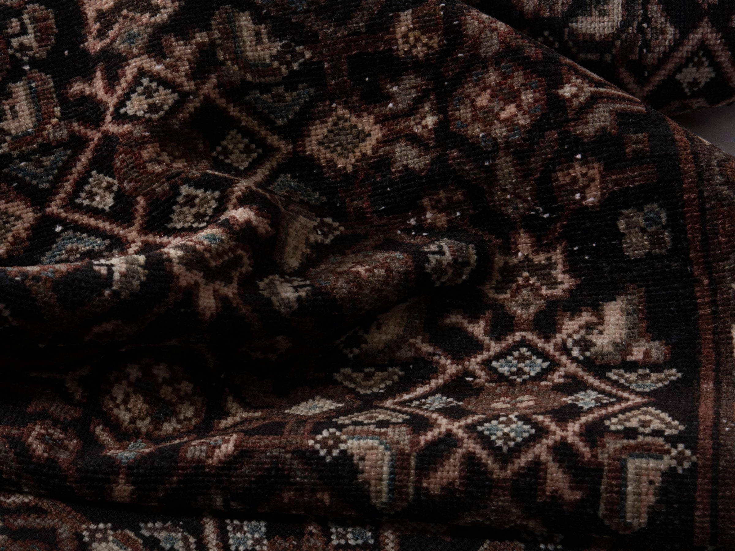 Persian Hamedan runner rug in burgundy and antique gold, view 15 of 17
