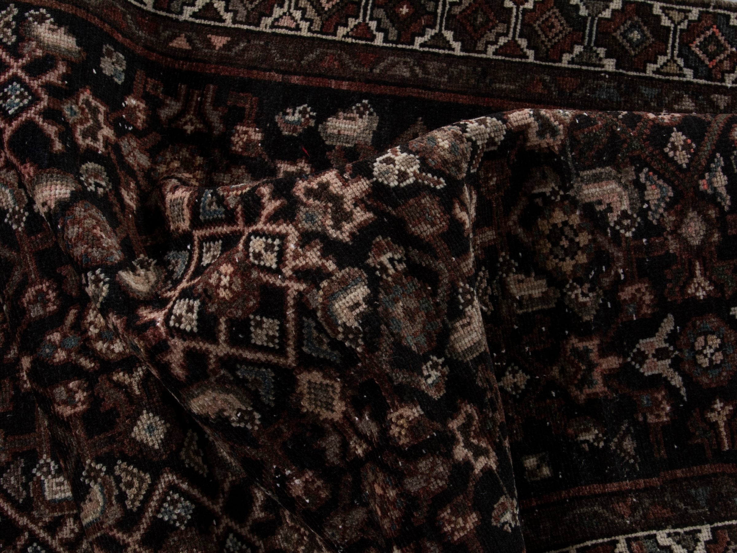 Persian Hamedan runner rug in burgundy and antique gold, view 16 of 17