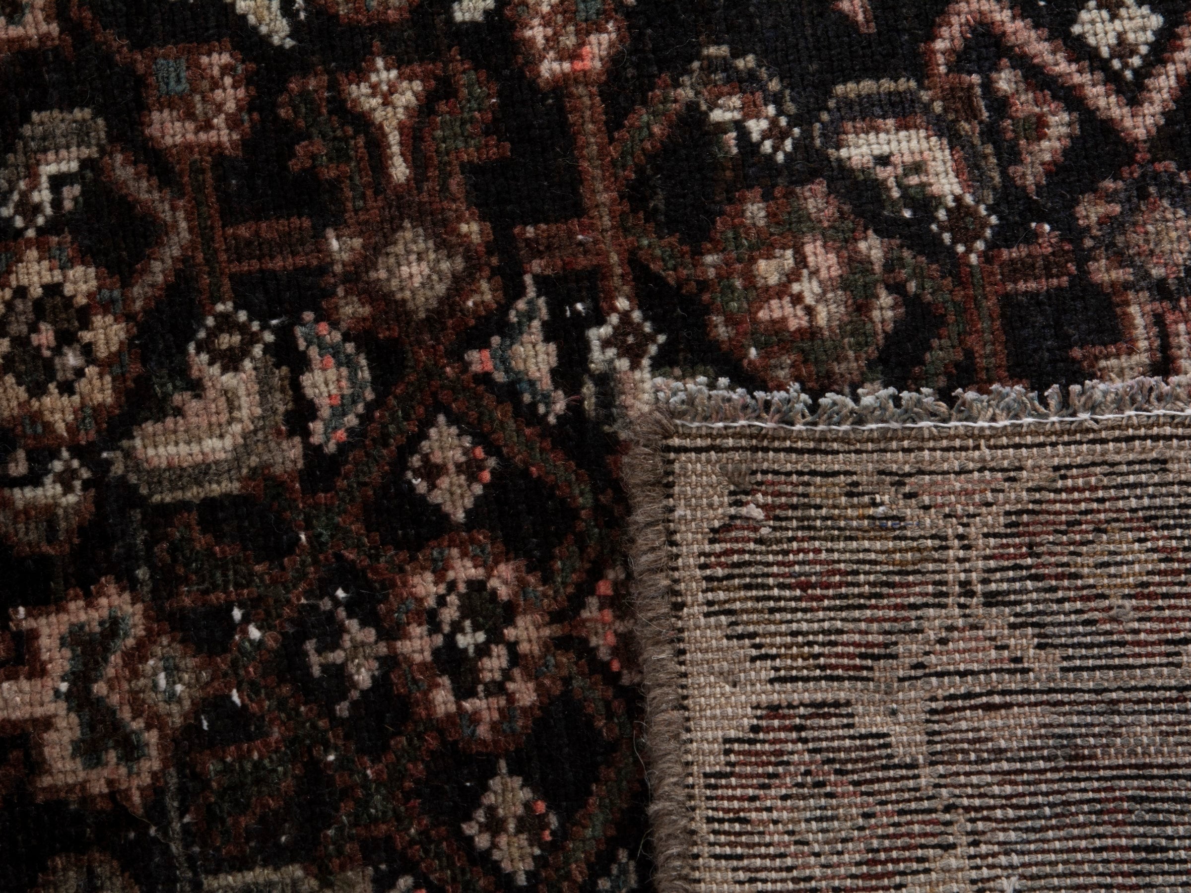 Persian Hamedan runner rug in burgundy and antique gold, view 17 of 17