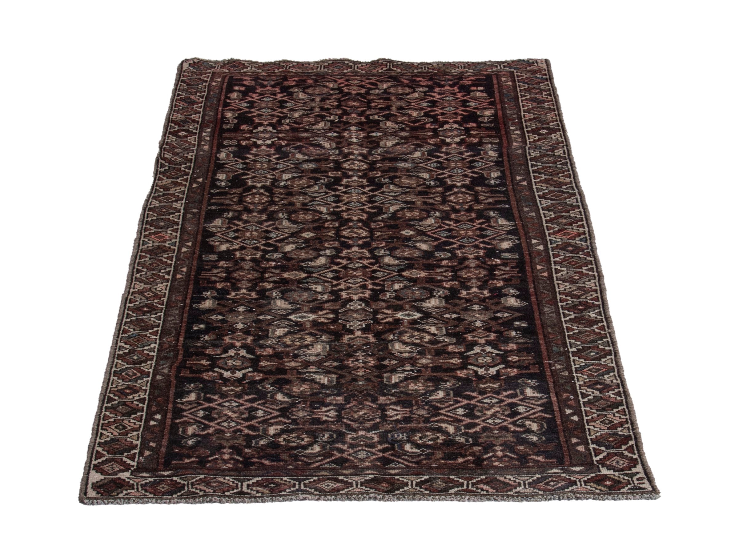 Persian Hamedan runner rug in burgundy and antique gold, view 2 of 17