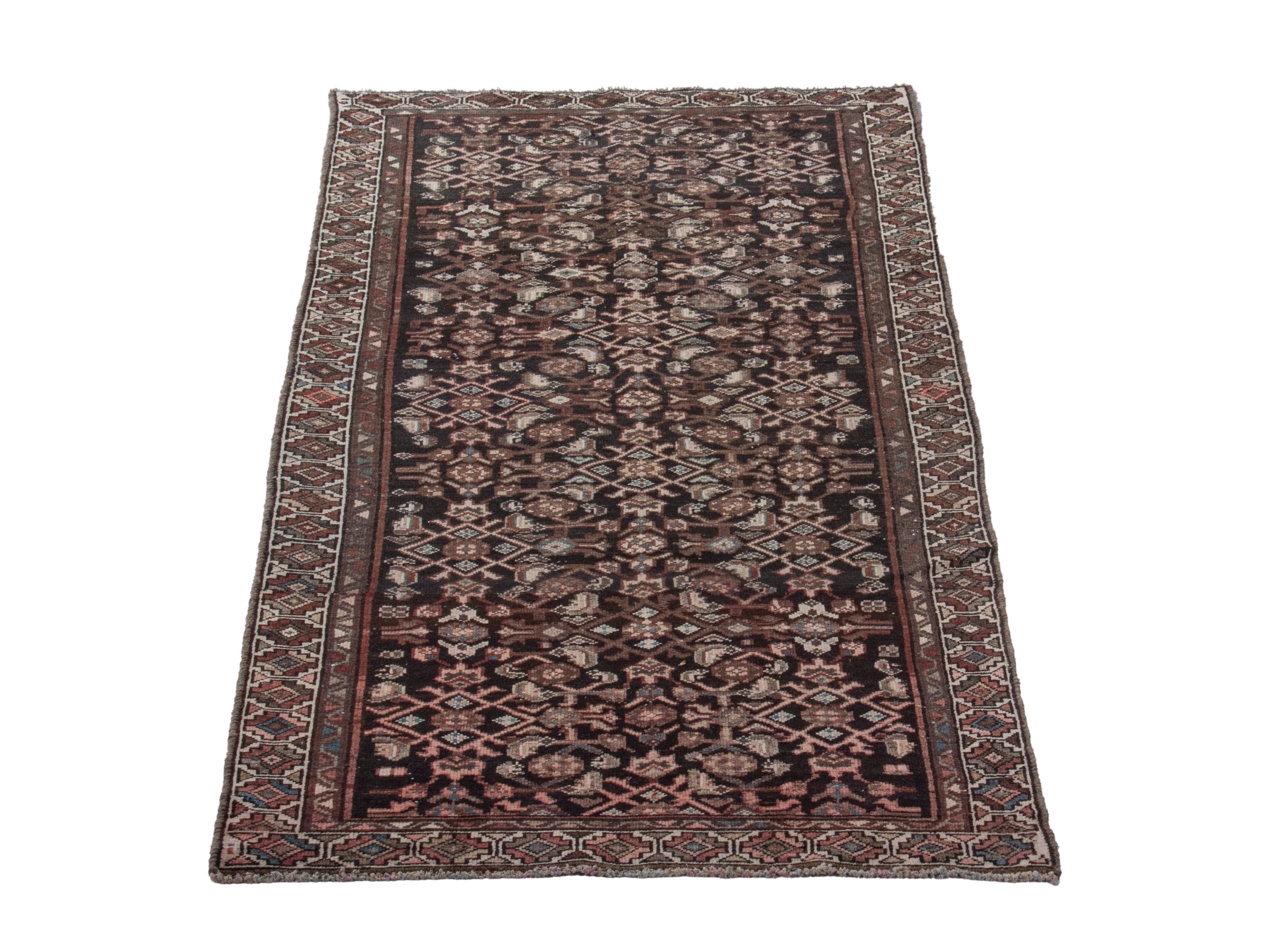 Persian Hamedan runner rug in burgundy and antique gold, view 3 of 17
